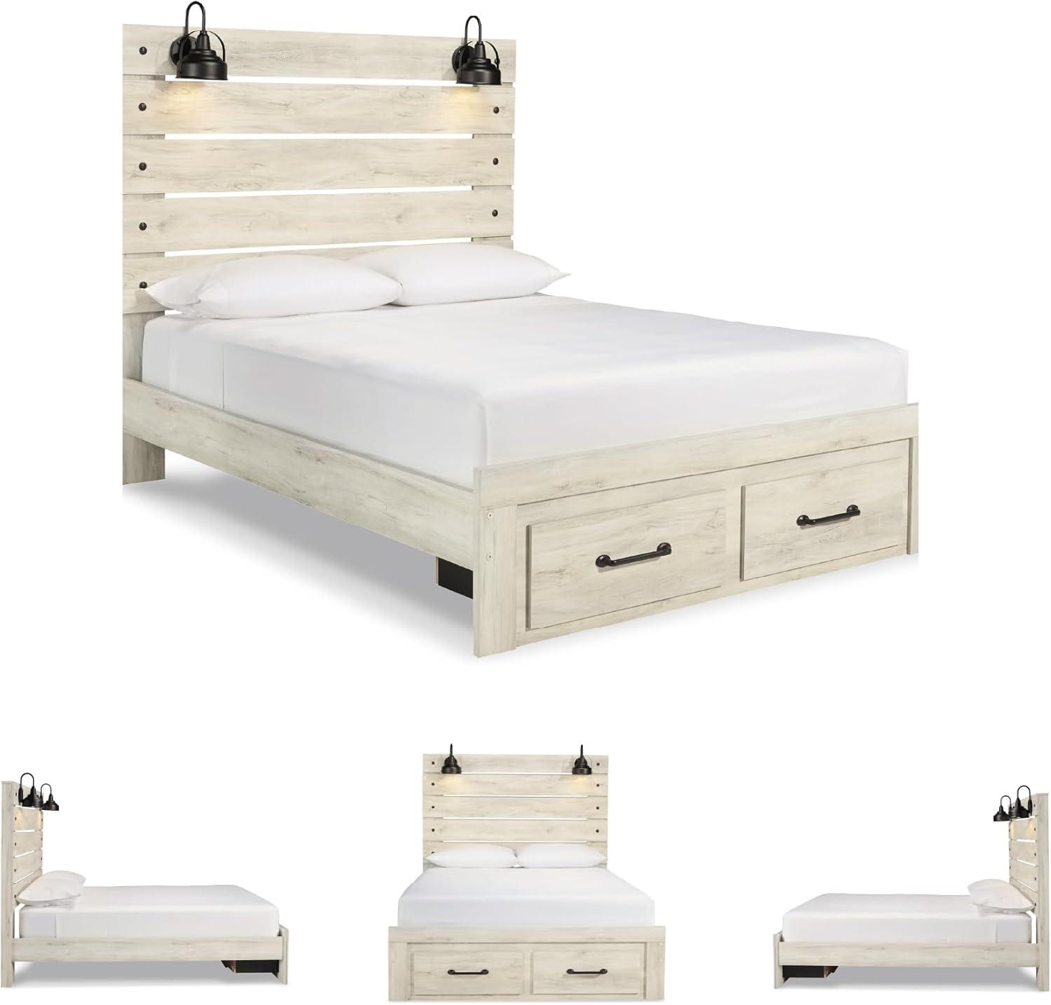 imageSignature Design by Ashley Cambeck Farmhouse Queen Panel Bed with 2 Storage Drawers Sconce Lights and USB Ports Foundation or Box Spring Needed WhitewashQueen