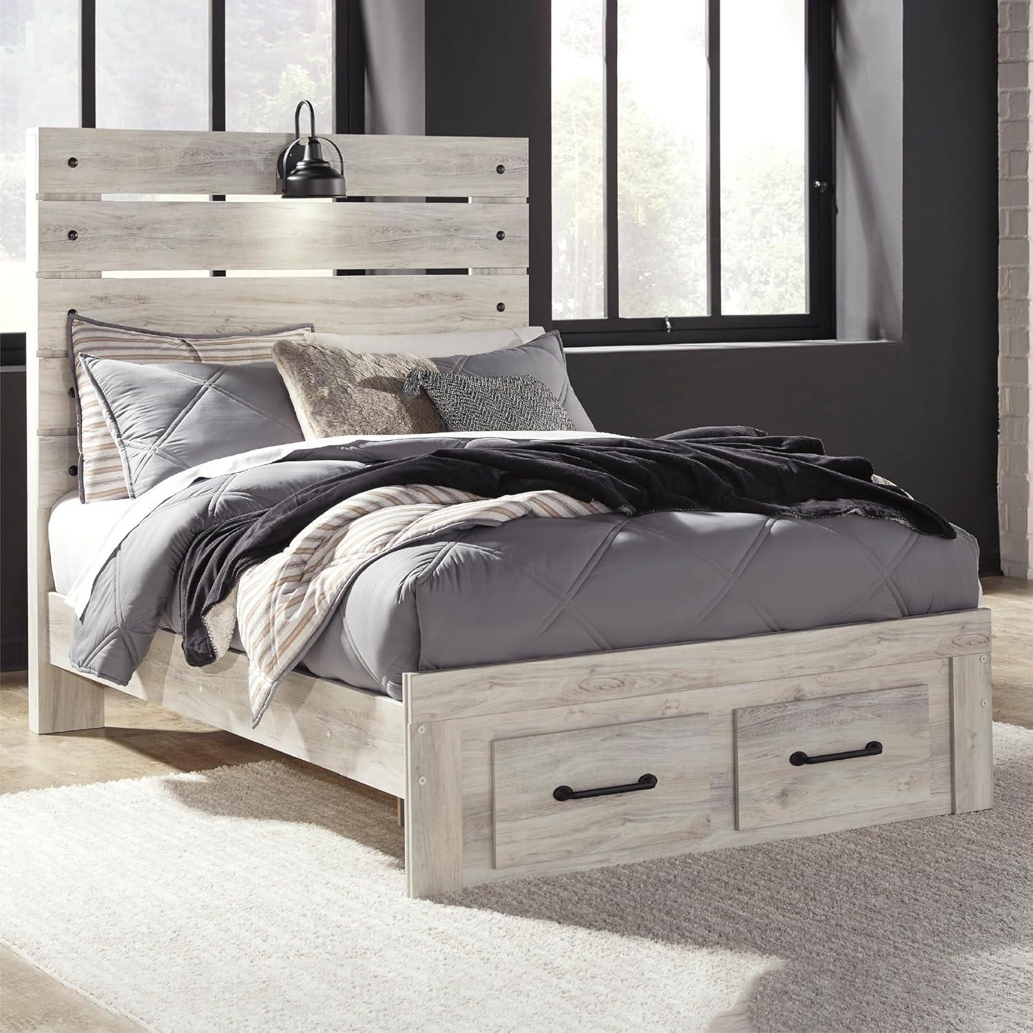 imageSignature Design by Ashley Cambeck Farmhouse Queen Panel Bed with 2 Storage Drawers Sconce Lights and USB Ports Foundation or Box Spring Needed WhitewashFull