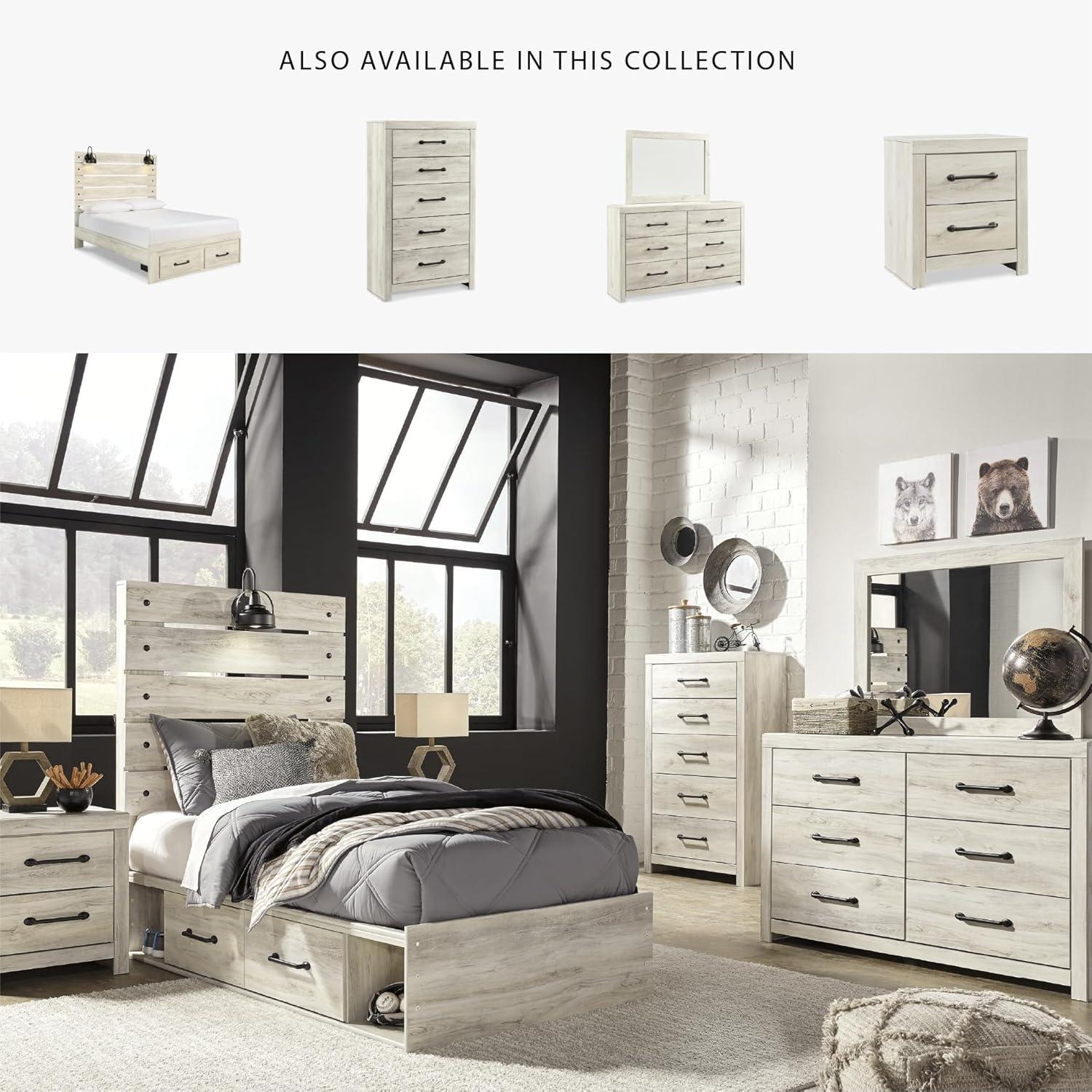 imageSignature Design by Ashley Cambeck Farmhouse Queen Panel Bed with 2 Storage Drawers Sconce Lights and USB Ports Foundation or Box Spring Needed WhitewashQueen
