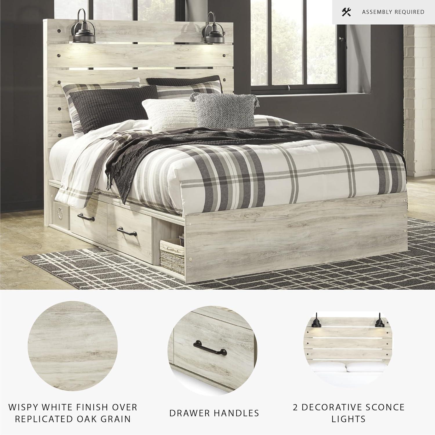 imageSignature Design by Ashley Cambeck Farmhouse Queen Panel Bed with 2 Storage Drawers Sconce Lights and USB Ports Foundation or Box Spring Needed WhitewashQueen