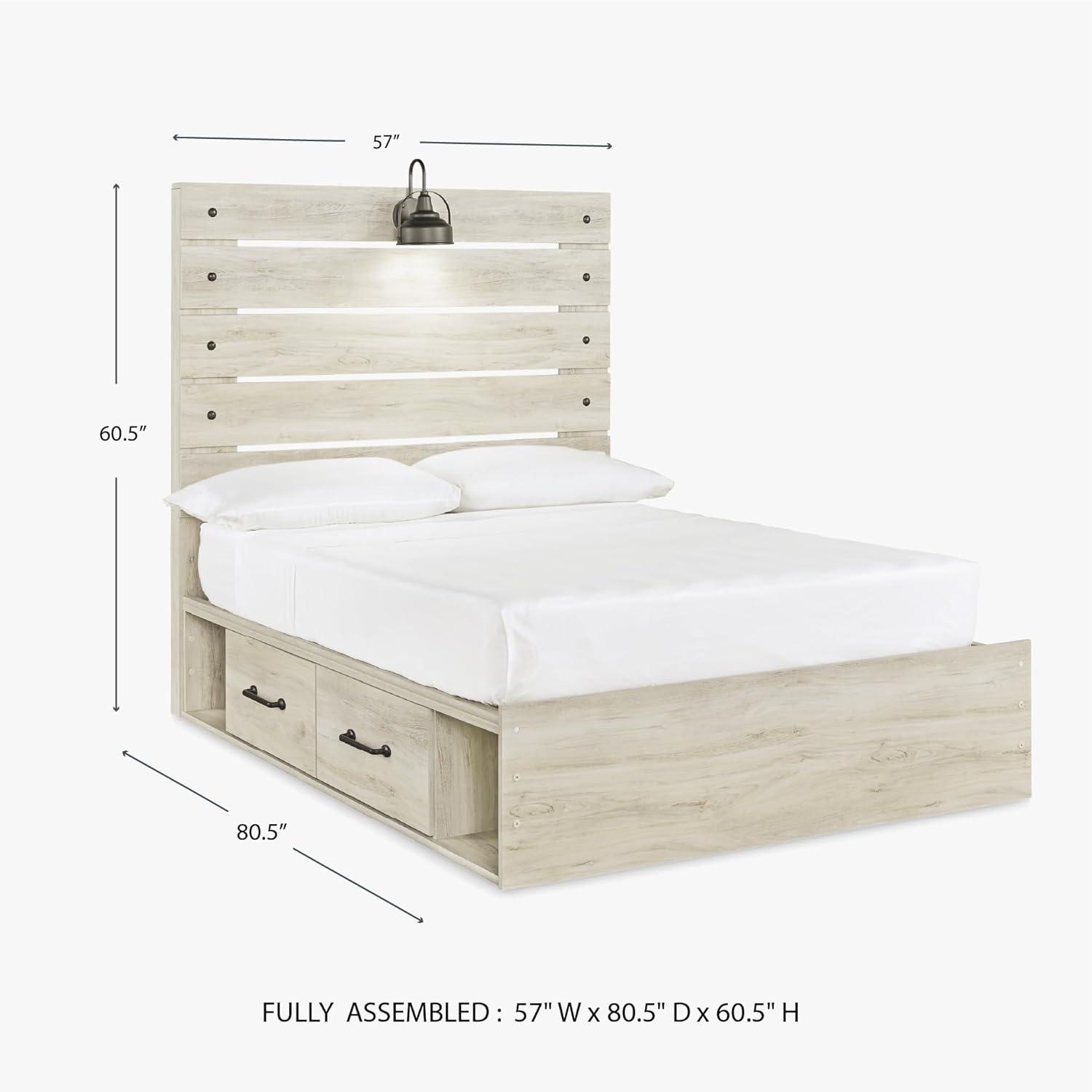 imageSignature Design by Ashley Cambeck Farmhouse Queen Panel Bed with 2 Storage Drawers Sconce Lights and USB Ports Foundation or Box Spring Needed WhitewashFull