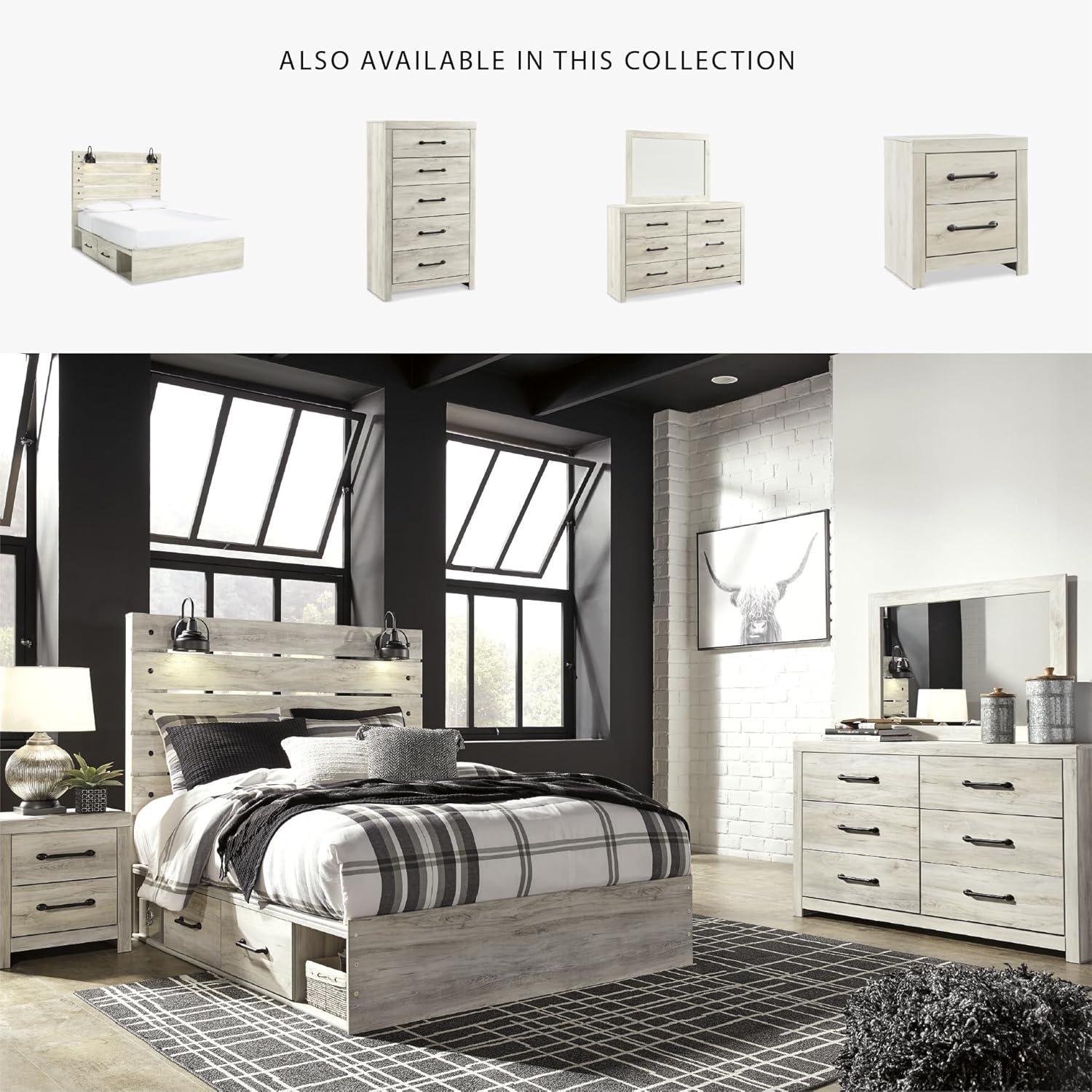 imageSignature Design by Ashley Cambeck Farmhouse Queen Panel Bed with 2 Storage Drawers Sconce Lights and USB Ports Foundation or Box Spring Needed WhitewashQueen