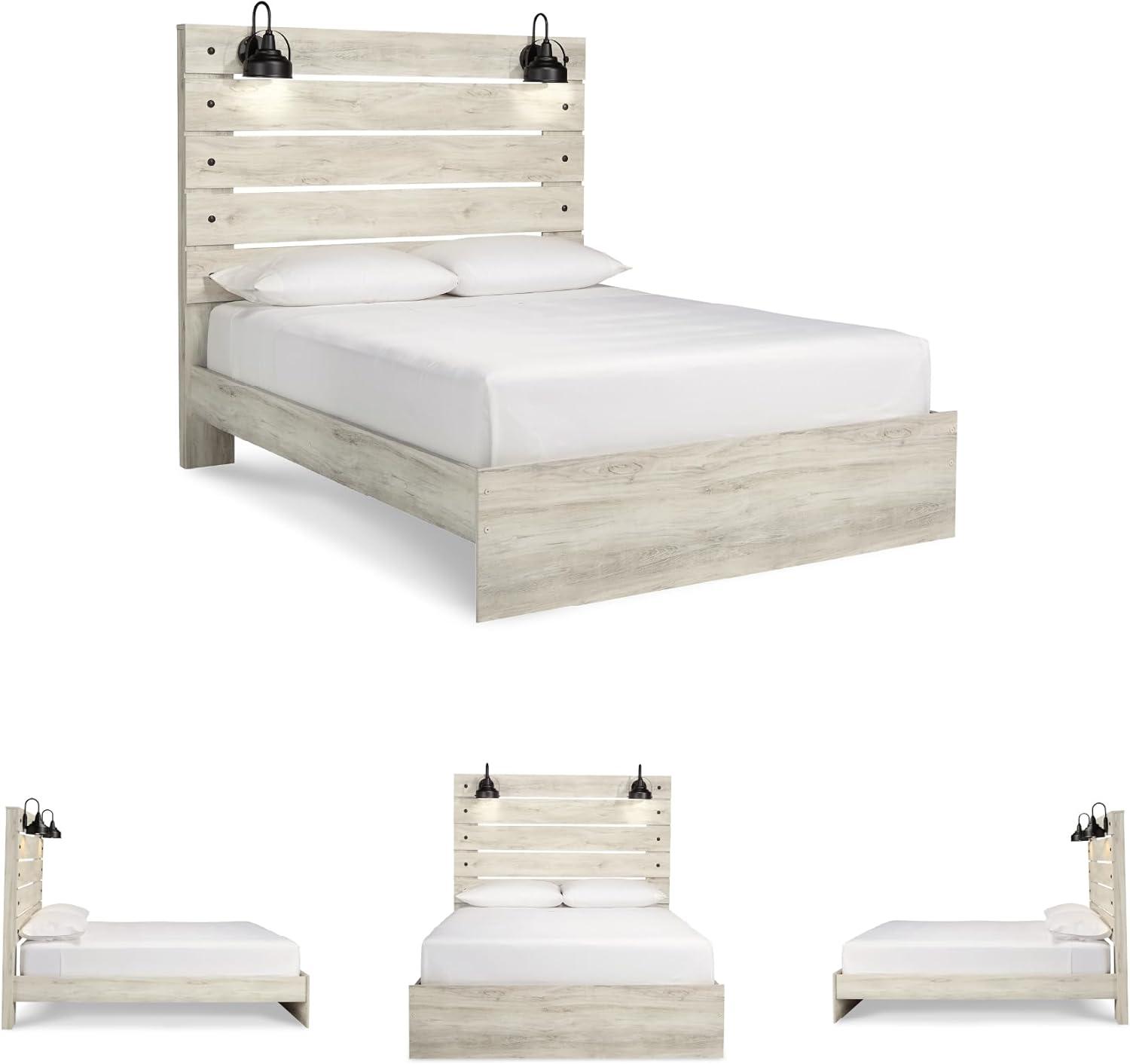 imageSignature Design by Ashley Cambeck Farmhouse Queen Panel Bed with 2 Storage Drawers Sconce Lights and USB Ports Foundation or Box Spring Needed WhitewashQueen