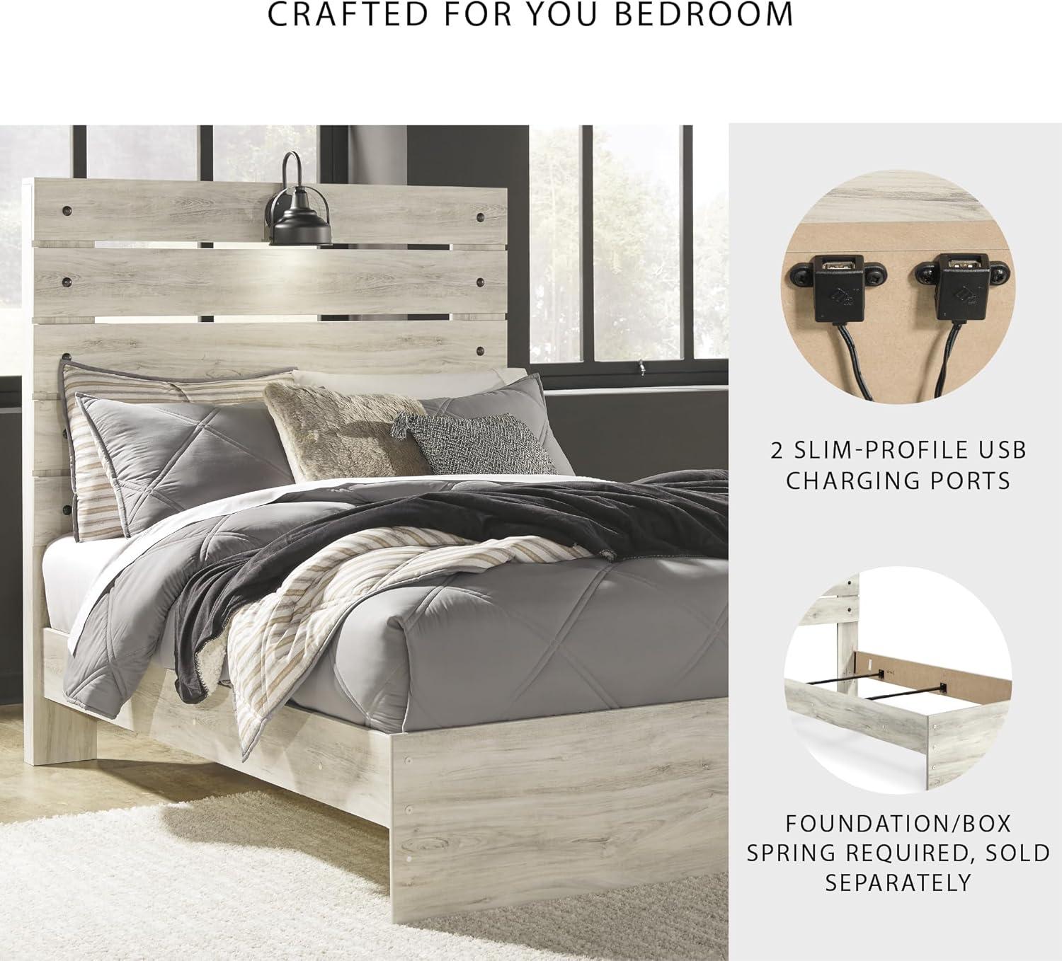 imageSignature Design by Ashley Cambeck Farmhouse Queen Panel Bed with 2 Storage Drawers Sconce Lights and USB Ports Foundation or Box Spring Needed WhitewashFull