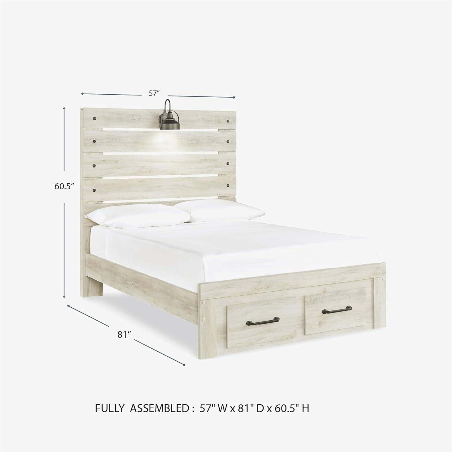 imageSignature Design by Ashley Cambeck Farmhouse Queen Panel Bed with 2 Storage Drawers Sconce Lights and USB Ports Foundation or Box Spring Needed WhitewashFull