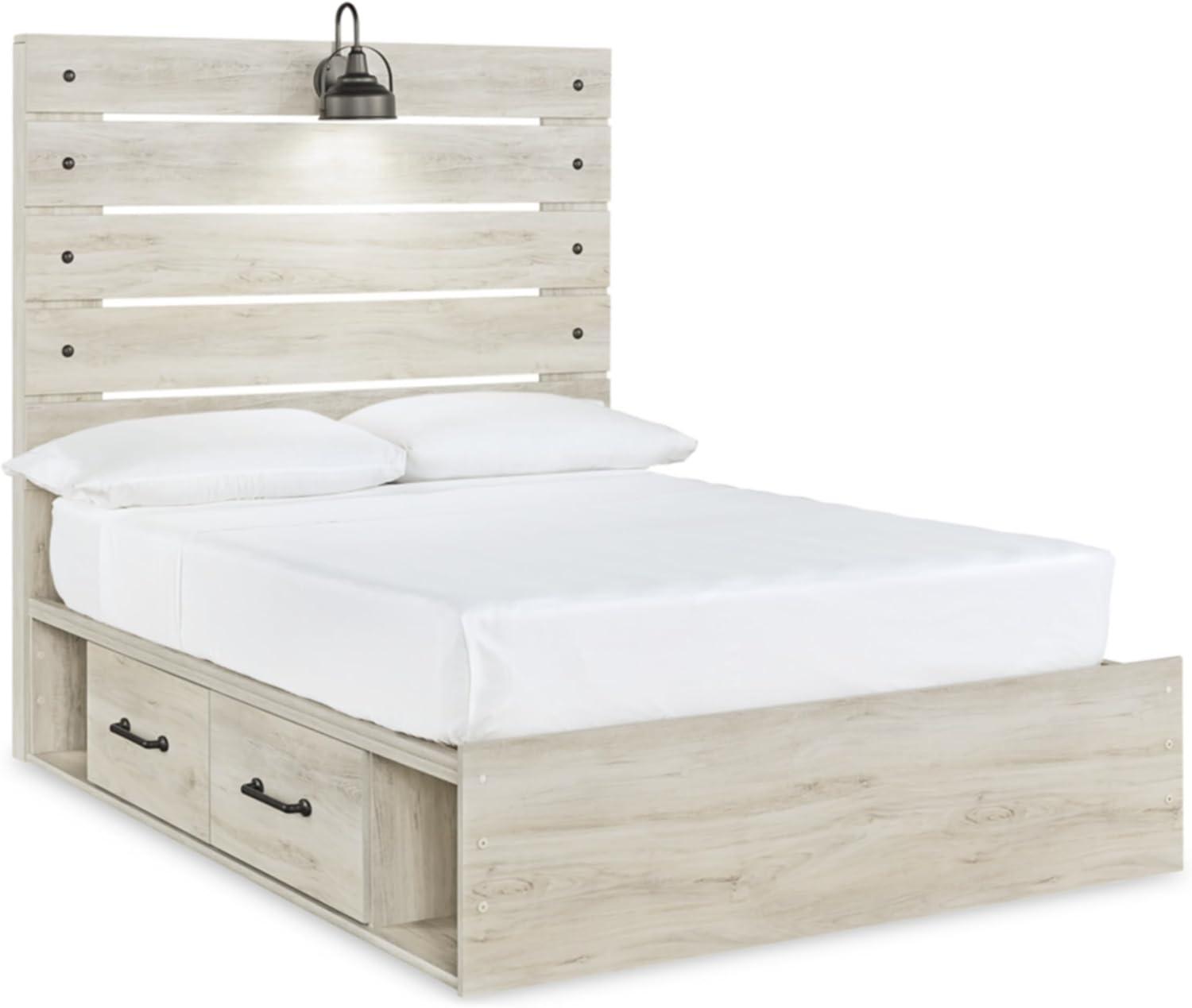imageSignature Design by Ashley Cambeck Farmhouse Queen Panel Bed with 2 Storage Drawers Sconce Lights and USB Ports Foundation or Box Spring Needed WhitewashFull