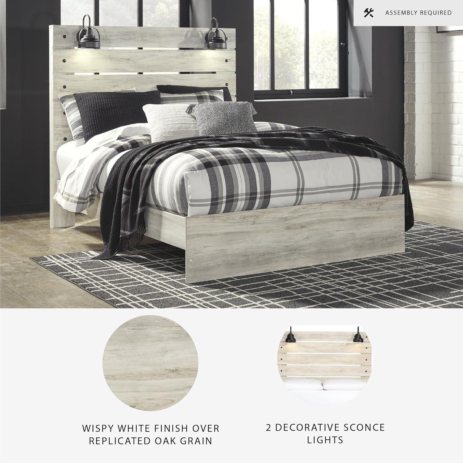 imageSignature Design by Ashley Cambeck Farmhouse Queen Panel Bed with 2 Storage Drawers Sconce Lights and USB Ports Foundation or Box Spring Needed WhitewashQueen