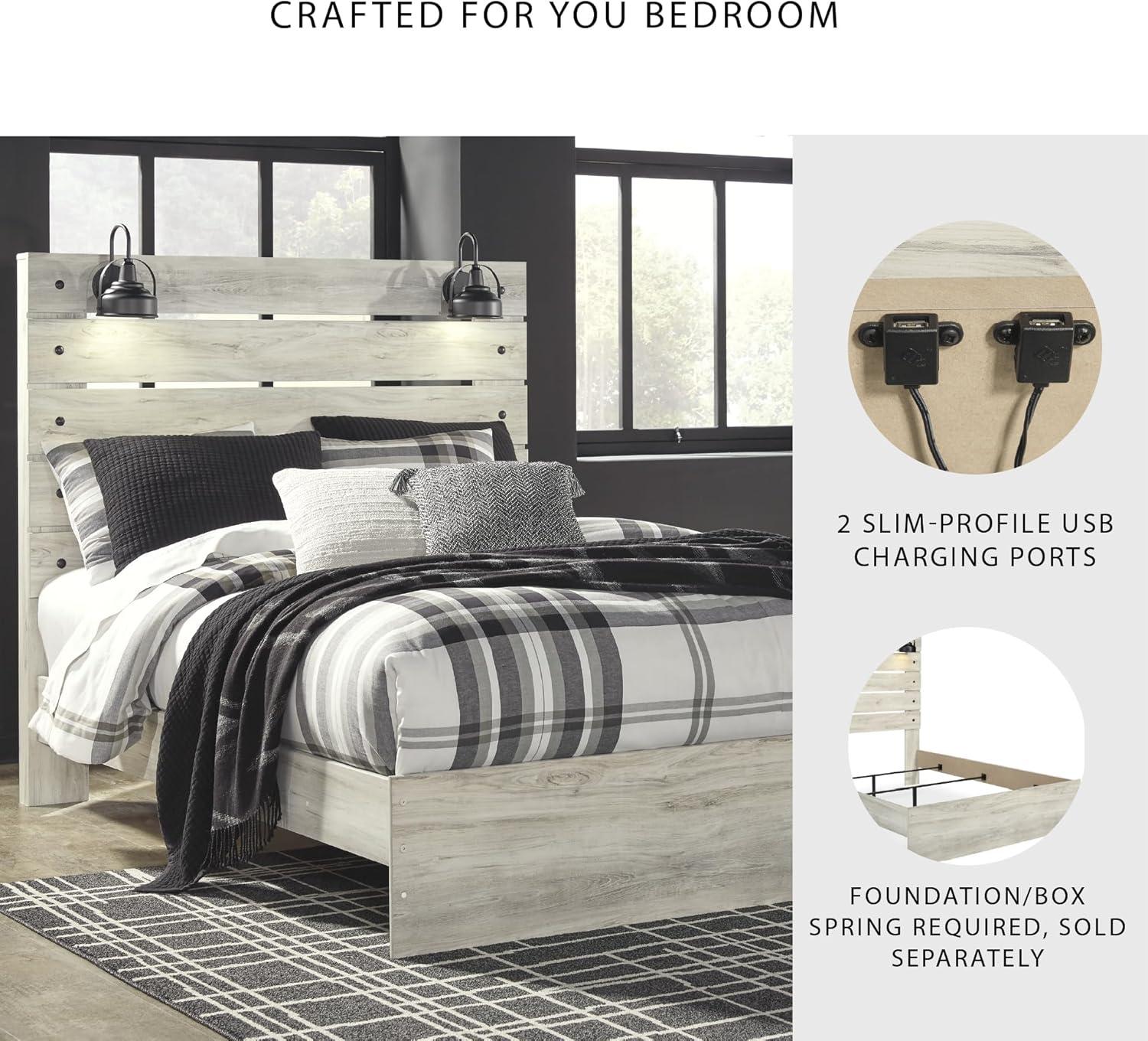 imageSignature Design by Ashley Cambeck Farmhouse Queen Panel Bed with 2 Storage Drawers Sconce Lights and USB Ports Foundation or Box Spring Needed WhitewashQueen