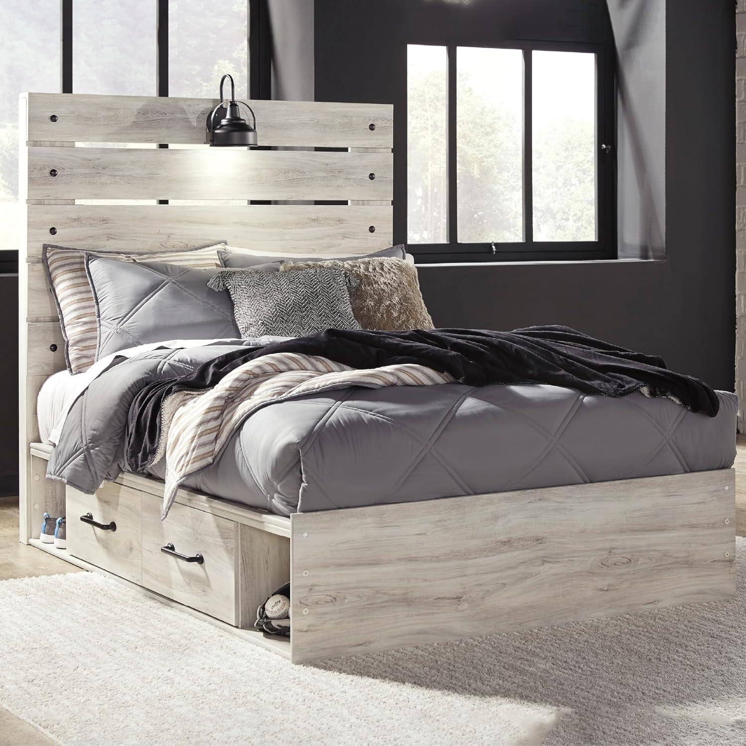 imageSignature Design by Ashley Cambeck Farmhouse Queen Panel Bed with 2 Storage Drawers Sconce Lights and USB Ports Foundation or Box Spring Needed WhitewashFull