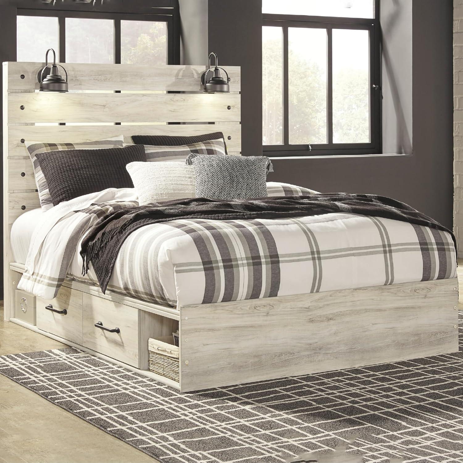 imageSignature Design by Ashley Cambeck Farmhouse Queen Panel Bed with 2 Storage Drawers Sconce Lights and USB Ports Foundation or Box Spring Needed WhitewashQueen