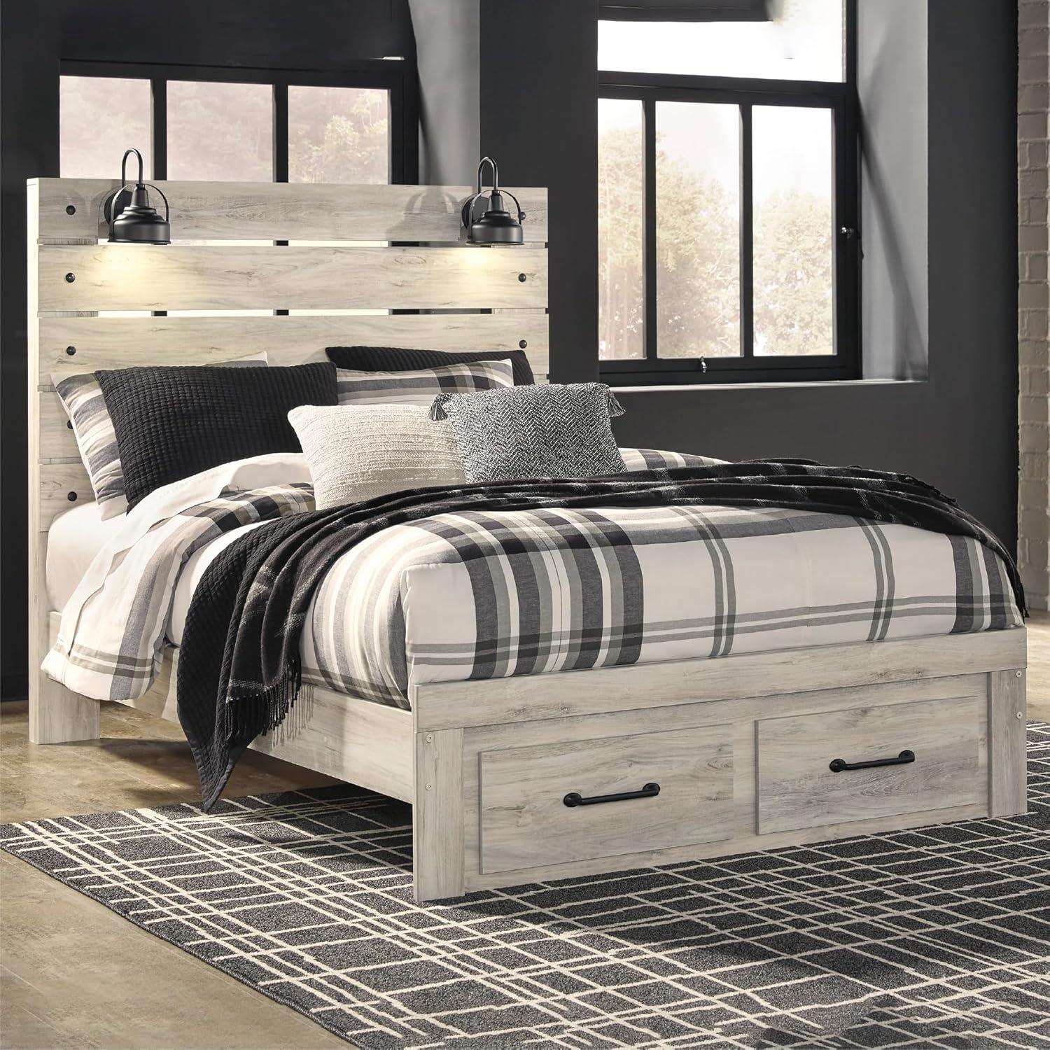 imageSignature Design by Ashley Cambeck Farmhouse Queen Panel Bed with 2 Storage Drawers Sconce Lights and USB Ports Foundation or Box Spring Needed WhitewashQueen