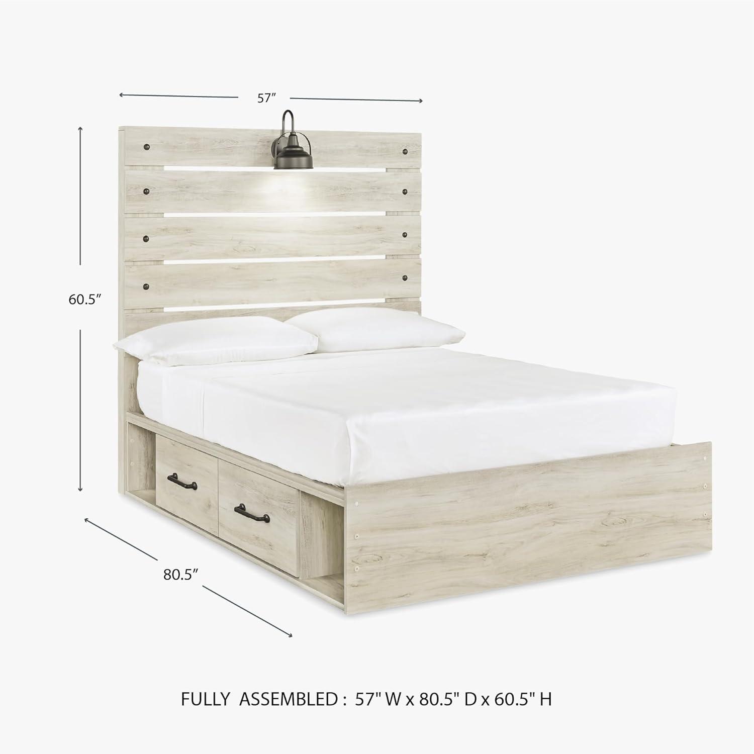 imageSignature Design by Ashley Cambeck Farmhouse Queen Panel Bed with 2 Storage Drawers Sconce Lights and USB Ports Foundation or Box Spring Needed WhitewashFull