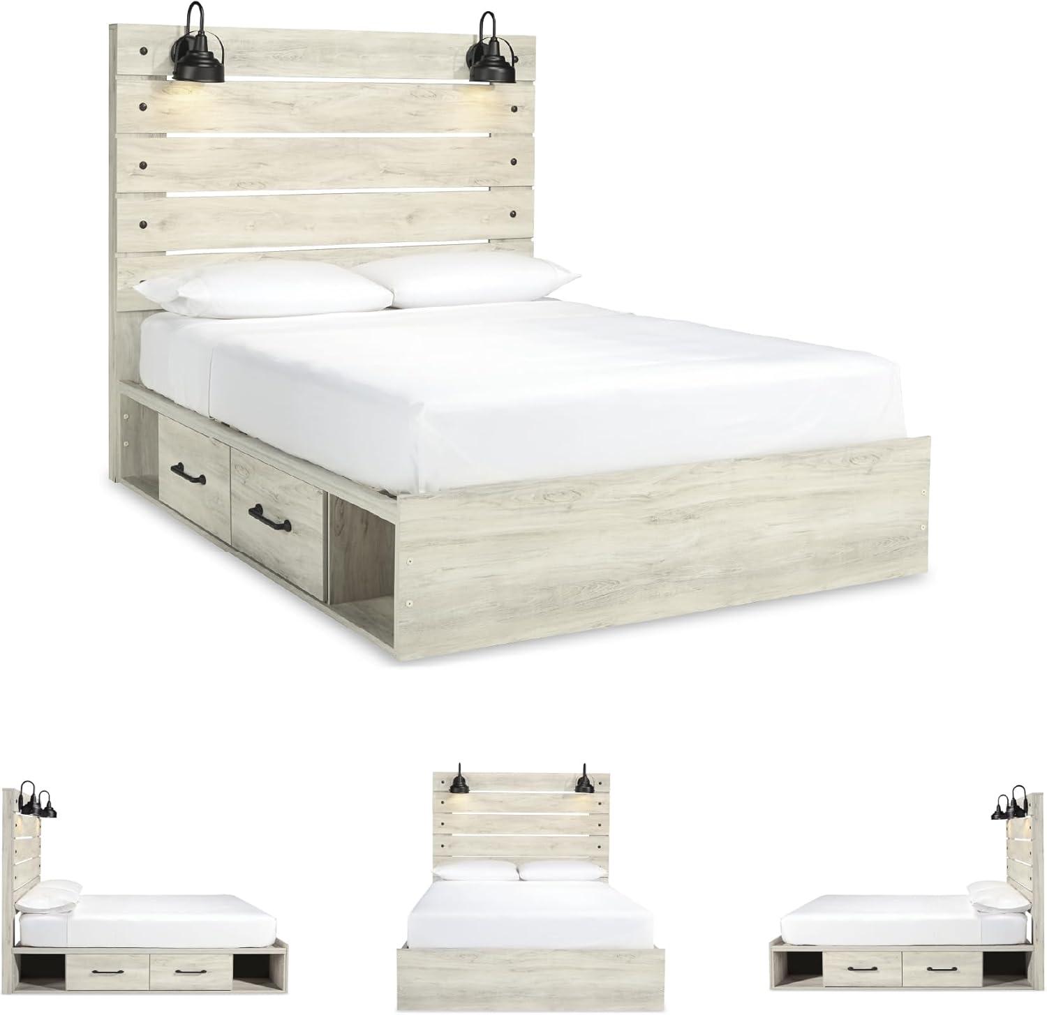 imageSignature Design by Ashley Cambeck Farmhouse Queen Panel Bed with 2 Storage Drawers Sconce Lights and USB Ports Foundation or Box Spring Needed WhitewashQueen