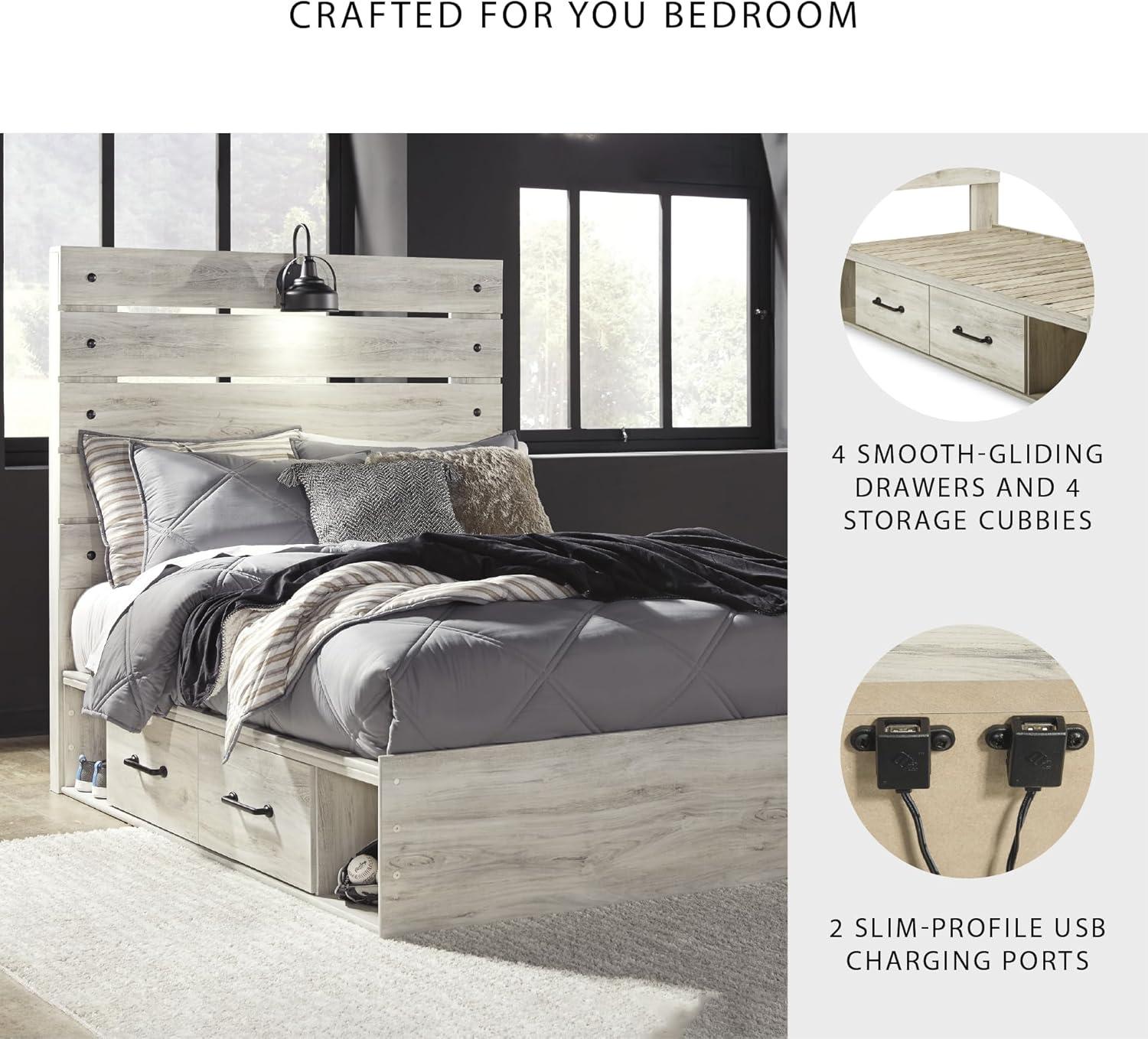 imageSignature Design by Ashley Cambeck Farmhouse Queen Panel Bed with 2 Storage Drawers Sconce Lights and USB Ports Foundation or Box Spring Needed WhitewashFull