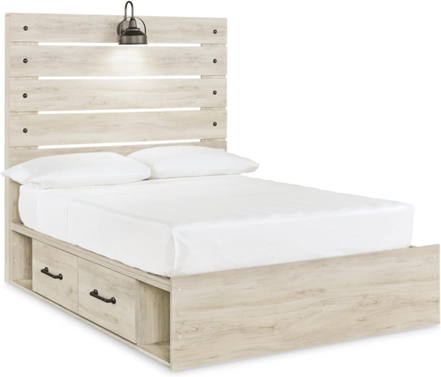 imageSignature Design by Ashley Cambeck Farmhouse Queen Panel Bed with 2 Storage Drawers Sconce Lights and USB Ports Foundation or Box Spring Needed WhitewashFull