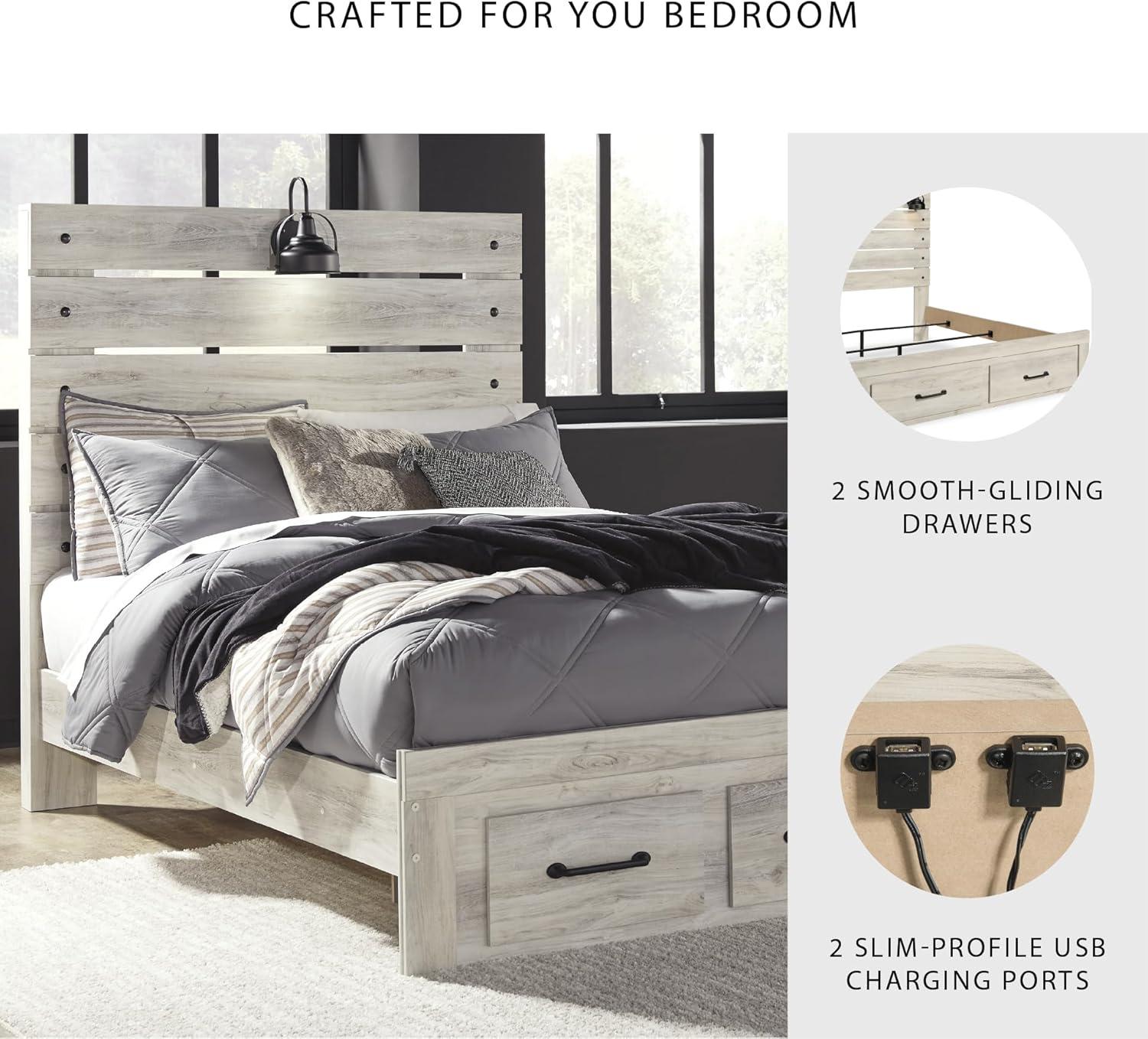 imageSignature Design by Ashley Cambeck Farmhouse Queen Panel Bed with 2 Storage Drawers Sconce Lights and USB Ports Foundation or Box Spring Needed WhitewashFull
