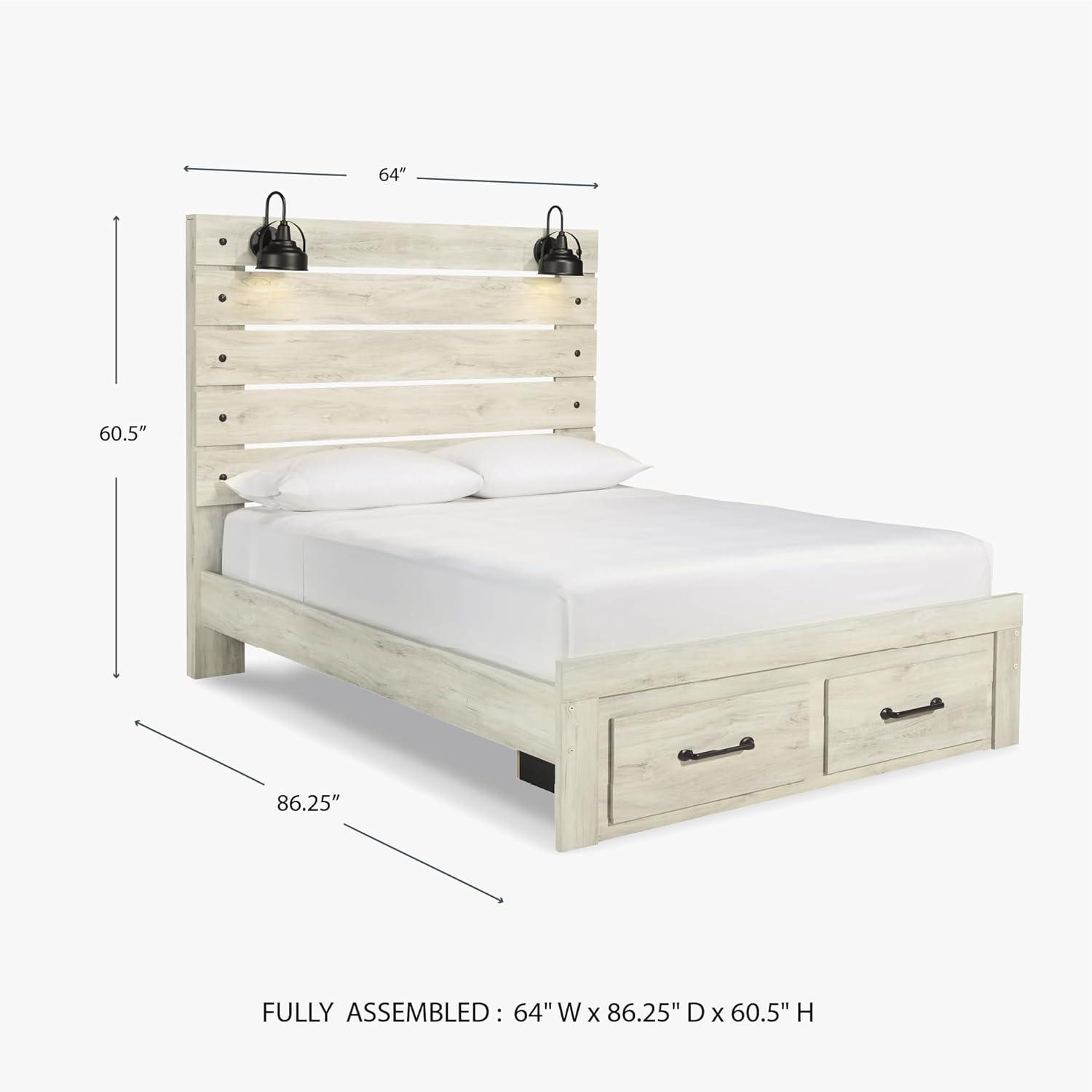 imageSignature Design by Ashley Cambeck Farmhouse Queen Panel Bed with 2 Storage Drawers Sconce Lights and USB Ports Foundation or Box Spring Needed WhitewashQueen