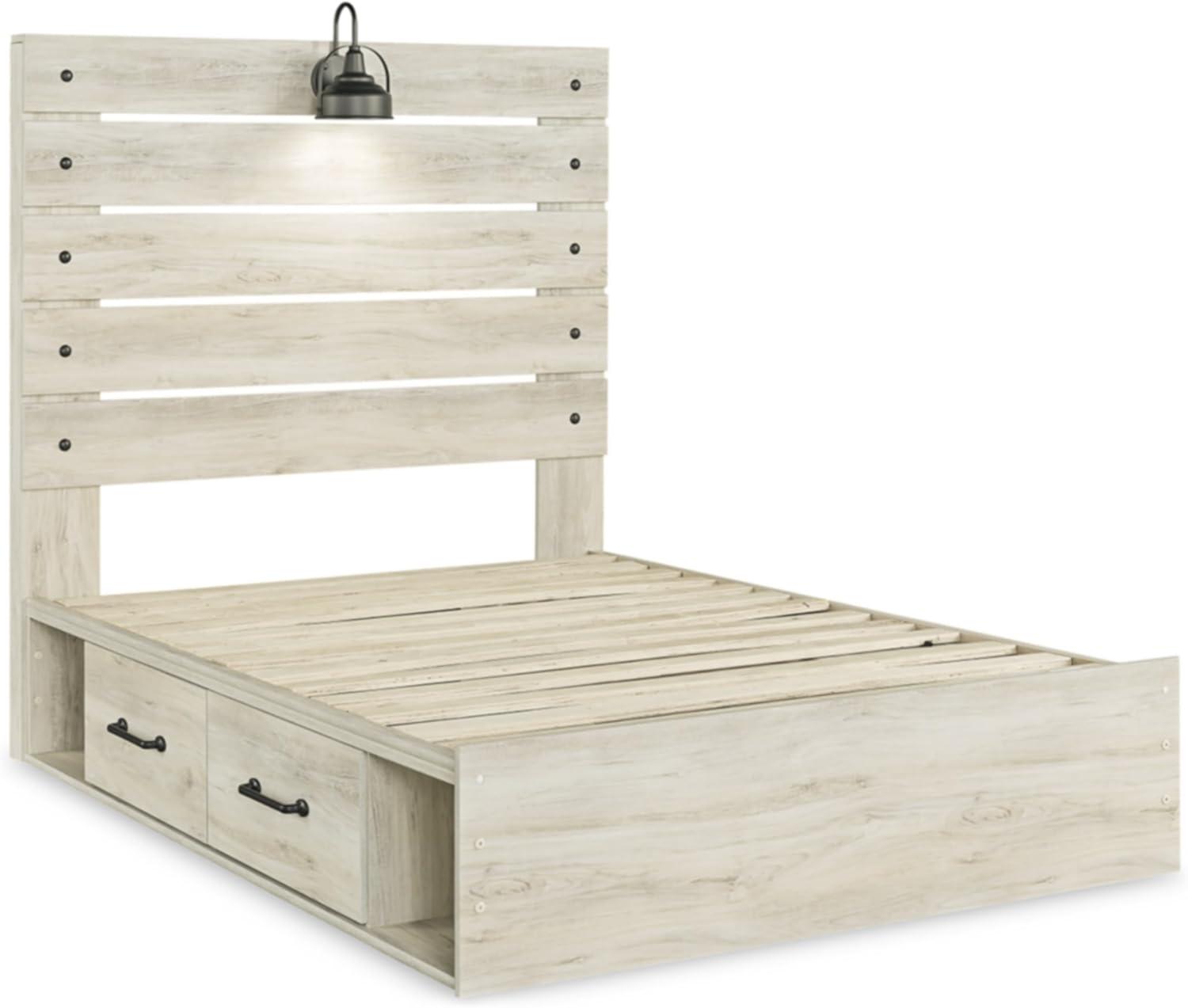 imageSignature Design by Ashley Cambeck Farmhouse Queen Panel Bed with 2 Storage Drawers Sconce Lights and USB Ports Foundation or Box Spring Needed WhitewashFull