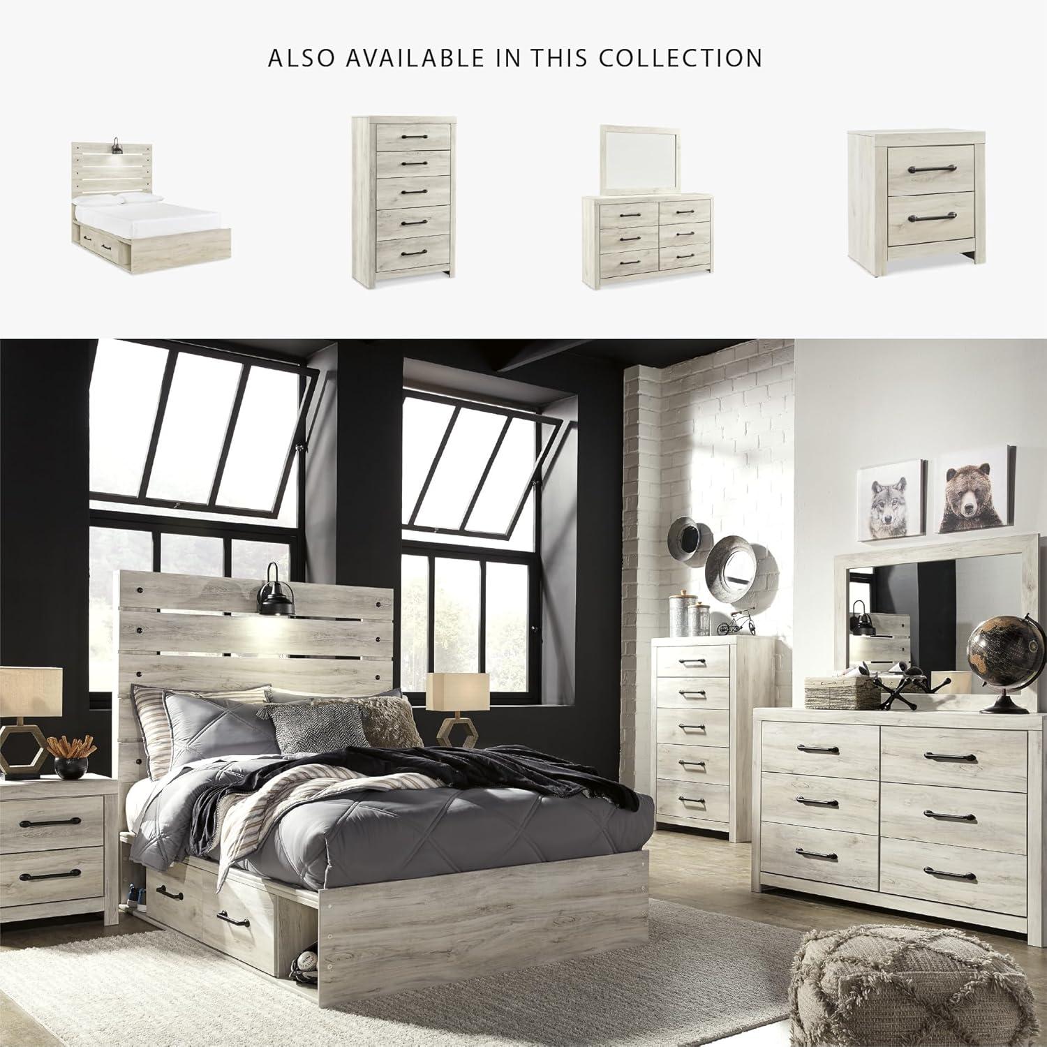 imageSignature Design by Ashley Cambeck Farmhouse Queen Panel Bed with 2 Storage Drawers Sconce Lights and USB Ports Foundation or Box Spring Needed WhitewashFull