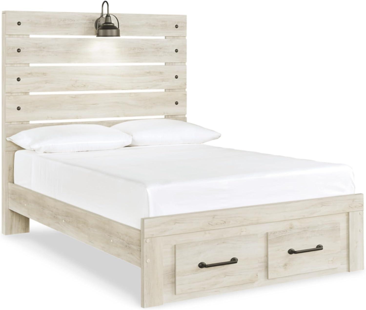imageSignature Design by Ashley Cambeck Farmhouse Queen Panel Bed with 2 Storage Drawers Sconce Lights and USB Ports Foundation or Box Spring Needed WhitewashFull
