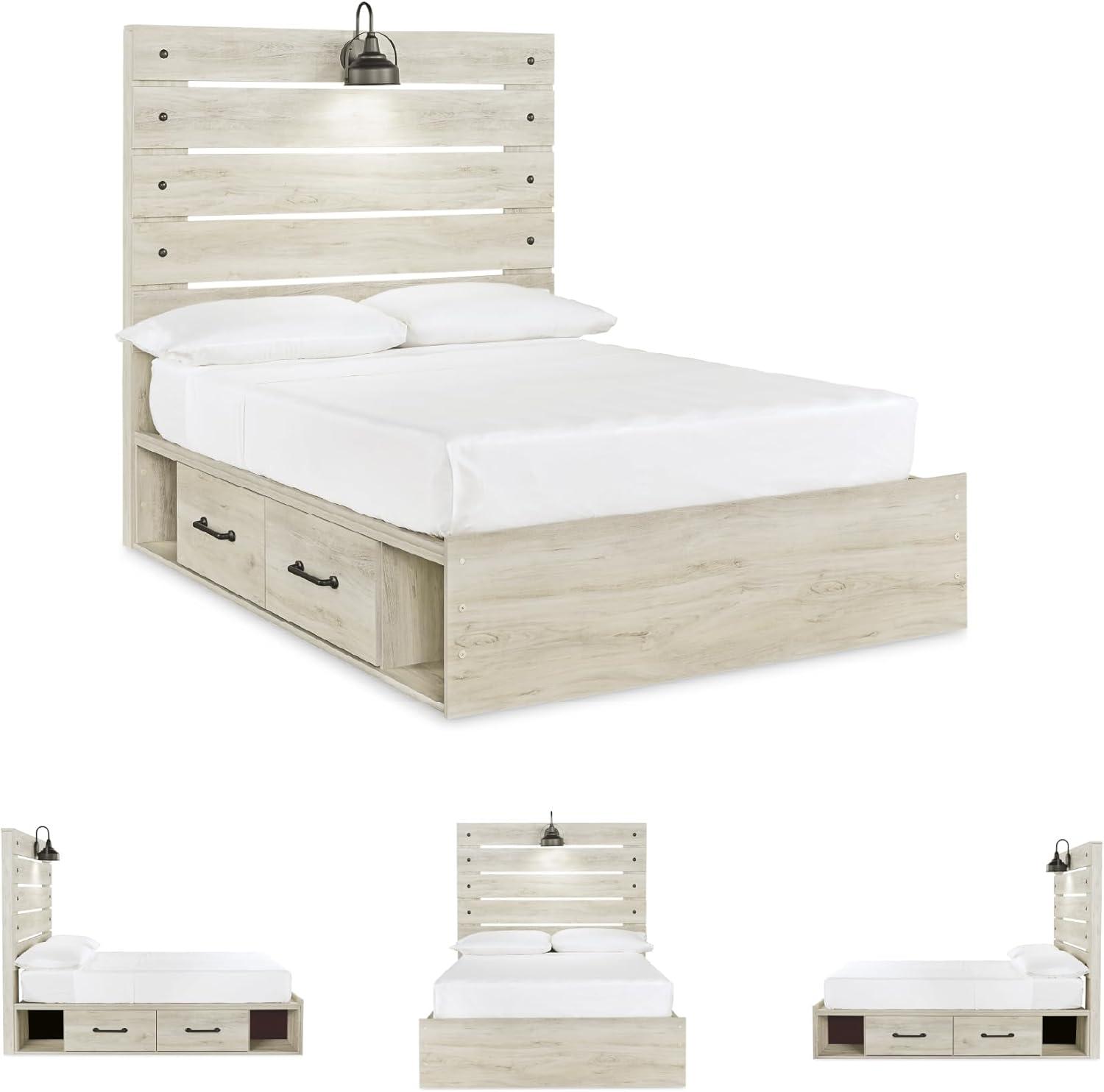 imageSignature Design by Ashley Cambeck Farmhouse Queen Panel Bed with 2 Storage Drawers Sconce Lights and USB Ports Foundation or Box Spring Needed WhitewashFull