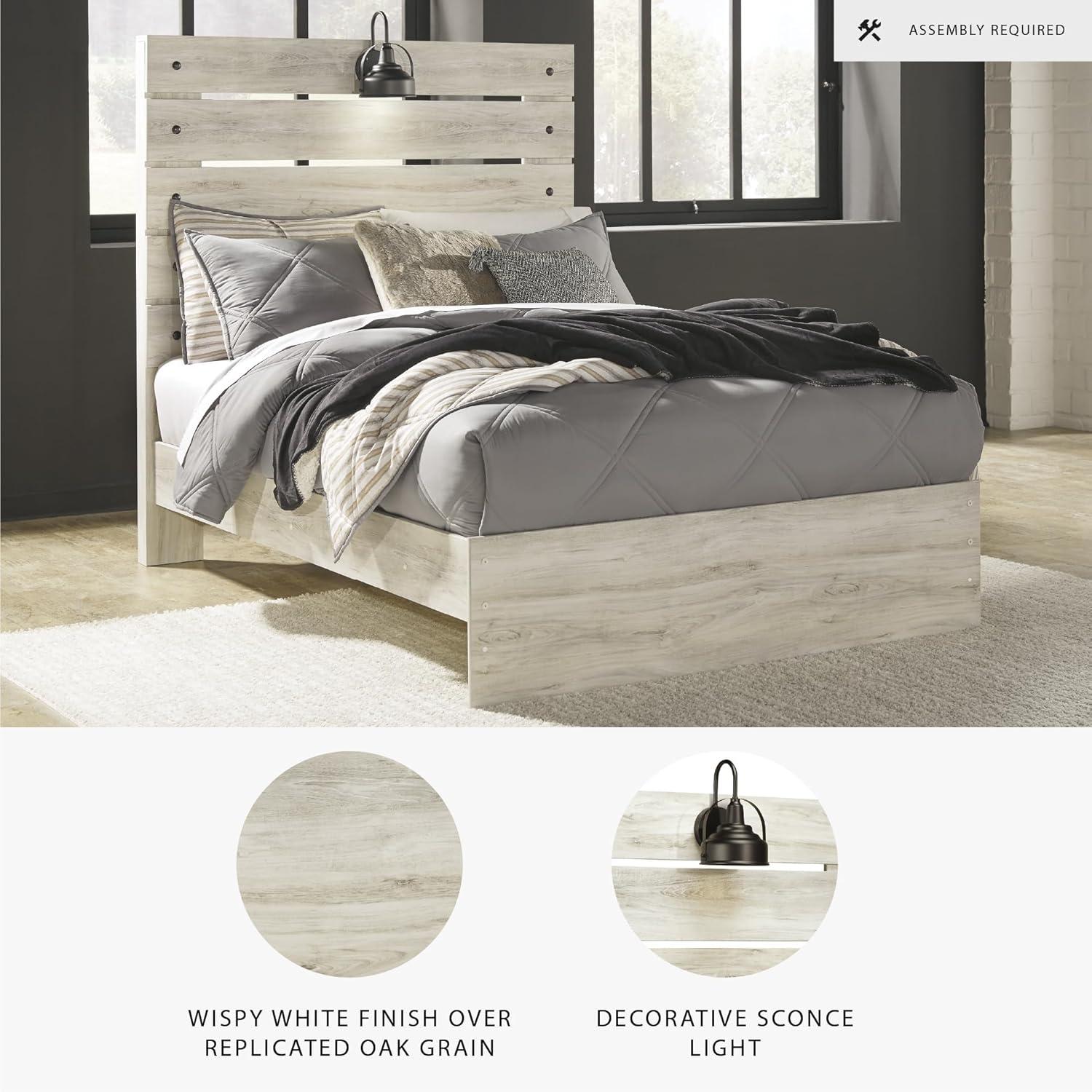 imageSignature Design by Ashley Cambeck Farmhouse Queen Panel Bed with 2 Storage Drawers Sconce Lights and USB Ports Foundation or Box Spring Needed WhitewashFull