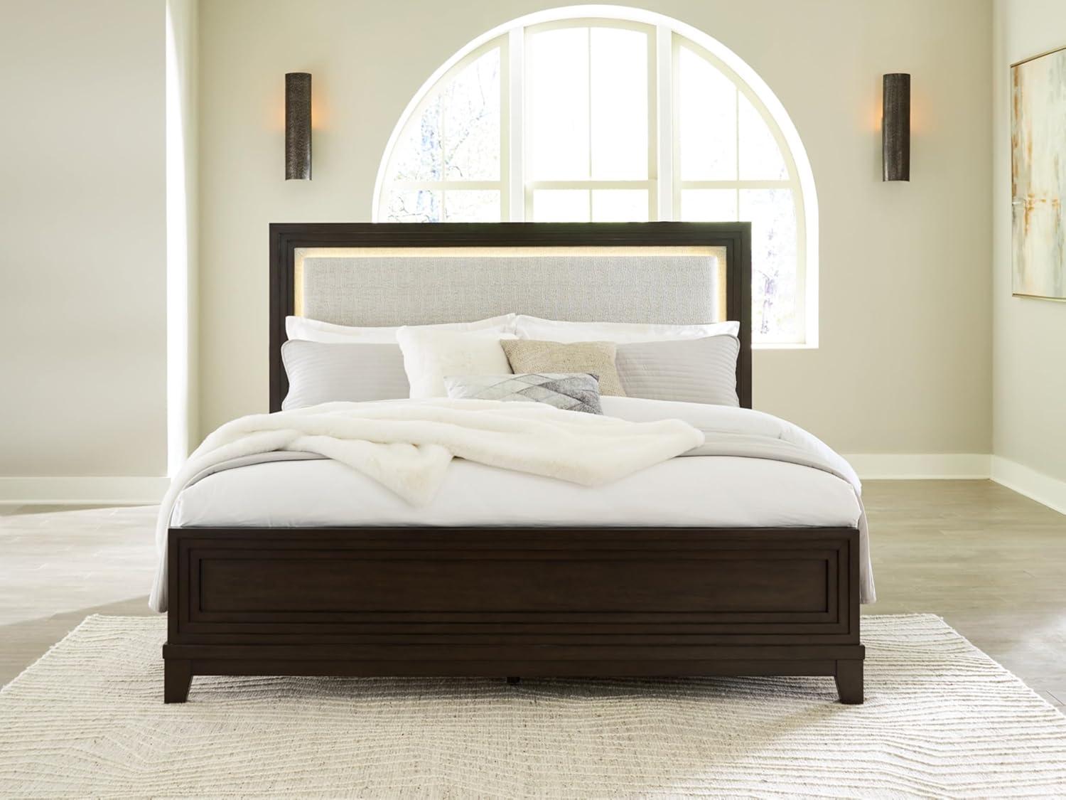 imageSignature Design by Ashley Neymorton Modern Queen Upholstered Panel Bed Foundation or Box Spring Needed Dark BrownQueen