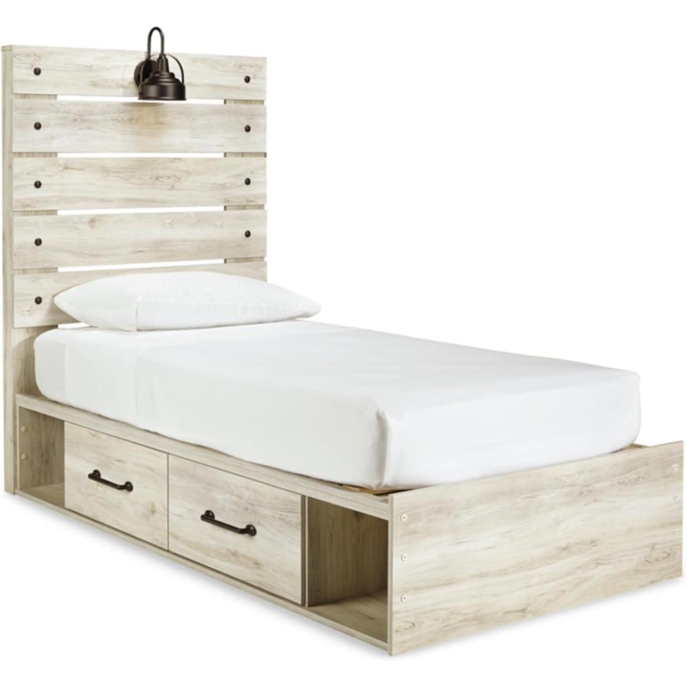 imageSignature Design by Ashley Cambeck Farmhouse Queen Panel Bed with 2 Storage Drawers Sconce Lights and USB Ports Foundation or Box Spring Needed WhitewashTwin