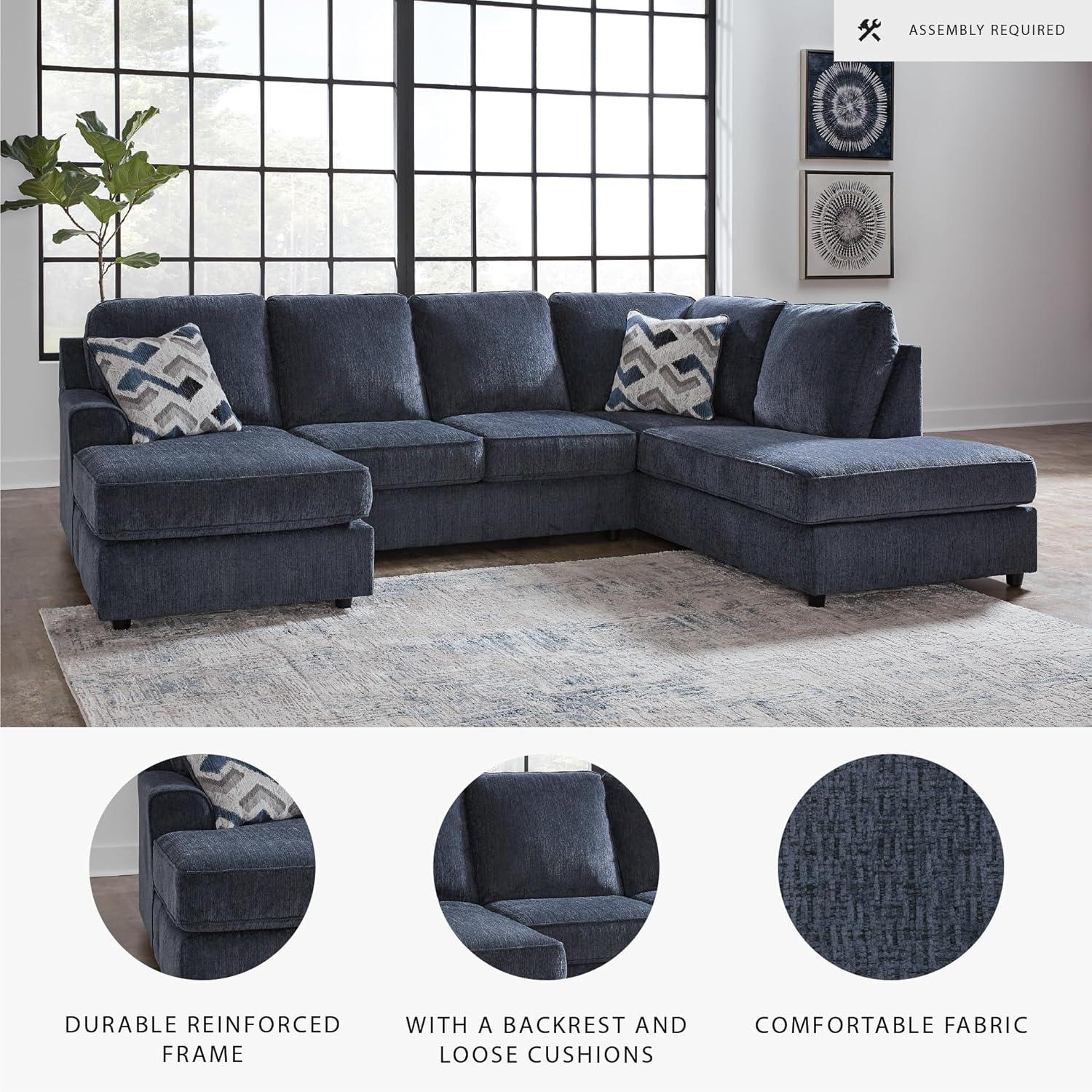 imageSignature Design by Ashley Albar Place Contemporary UShaped 2Piece Sectional with Loose Seat Cushions and 2 Accent Pillows BlueRight Hand