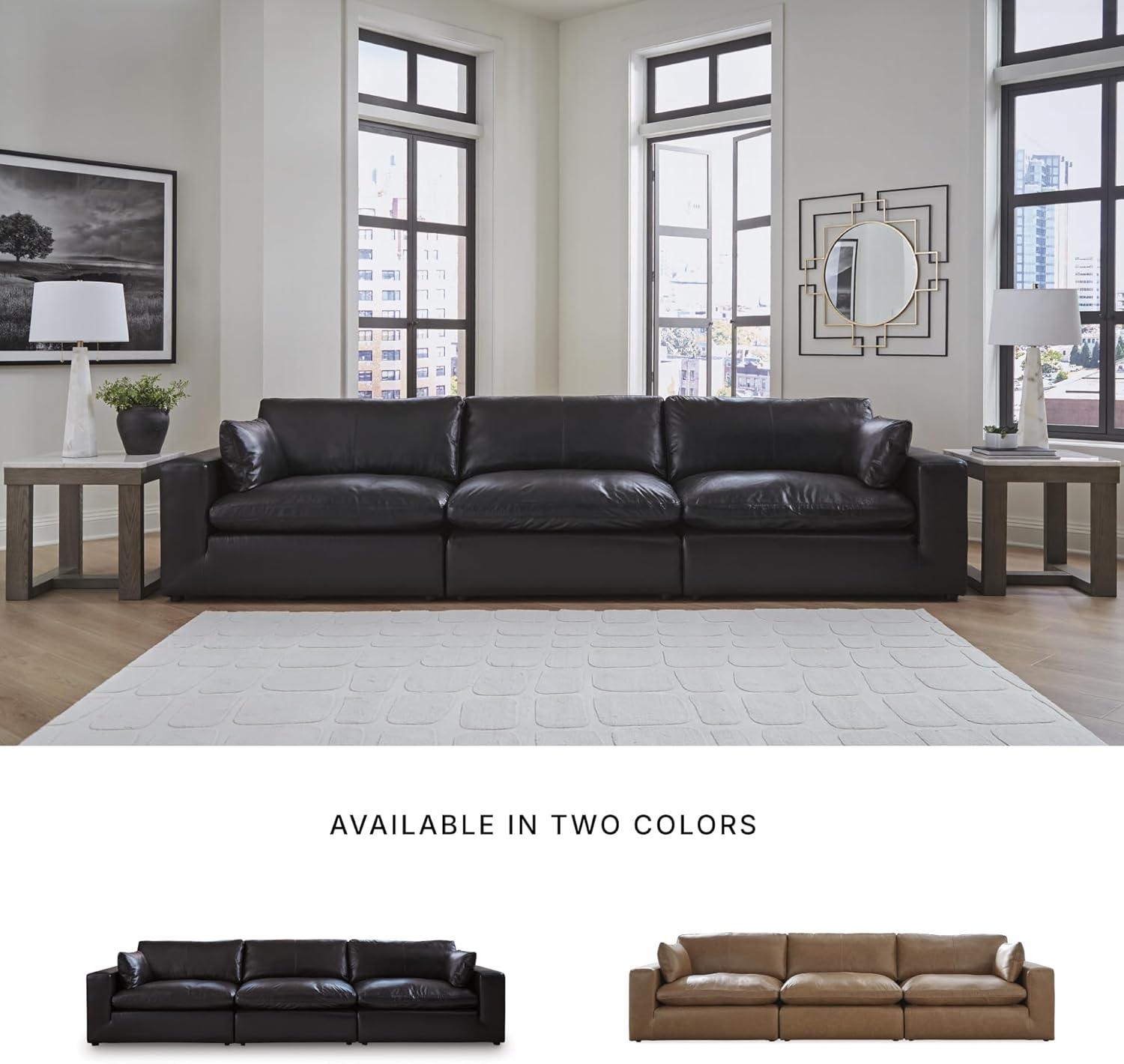 imageSignature Design by Ashley Emilia Modern Modular Leather Match 5Piece Sectional with Loose Back Cushions and 2 Bolster Pillows Light BrownBlack