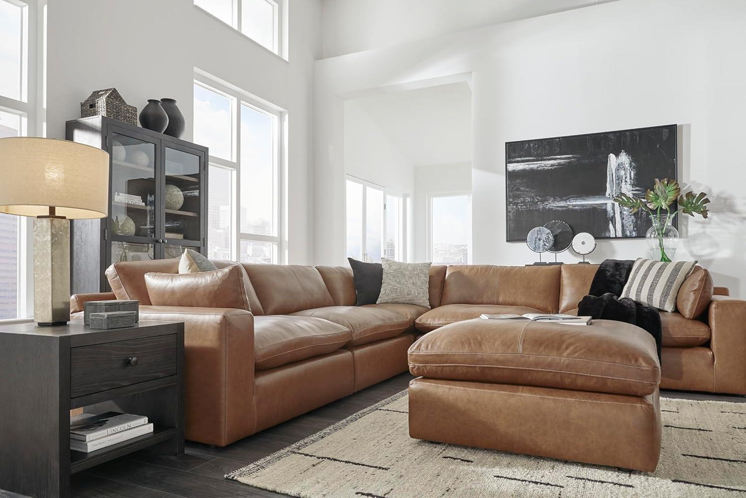 imageSignature Design by Ashley Emilia Modern Modular Leather Match 5Piece Sectional with Loose Back Cushions and 2 Bolster Pillows Light BrownCaramel