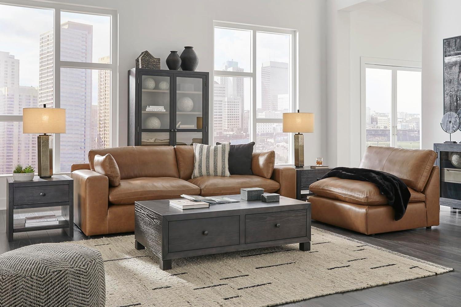 imageSignature Design by Ashley Emilia Modern Modular Leather Match 5Piece Sectional with Loose Back Cushions and 2 Bolster Pillows Light BrownCaramel