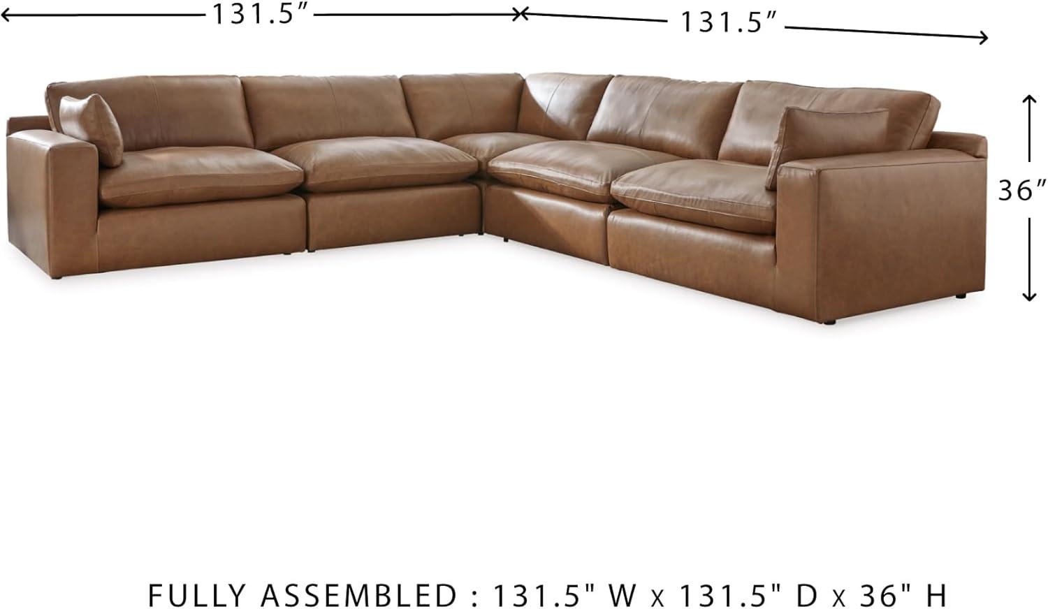 imageSignature Design by Ashley Emilia Modern Modular Leather Match 5Piece Sectional with Loose Back Cushions and 2 Bolster Pillows Light BrownCaramel