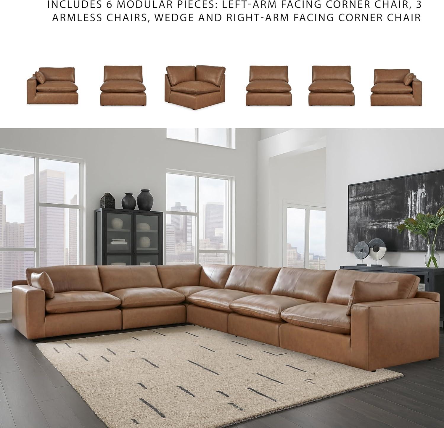 imageSignature Design by Ashley Emilia Modern Modular Leather Match 5Piece Sectional with Loose Back Cushions and 2 Bolster Pillows Light BrownCaramel
