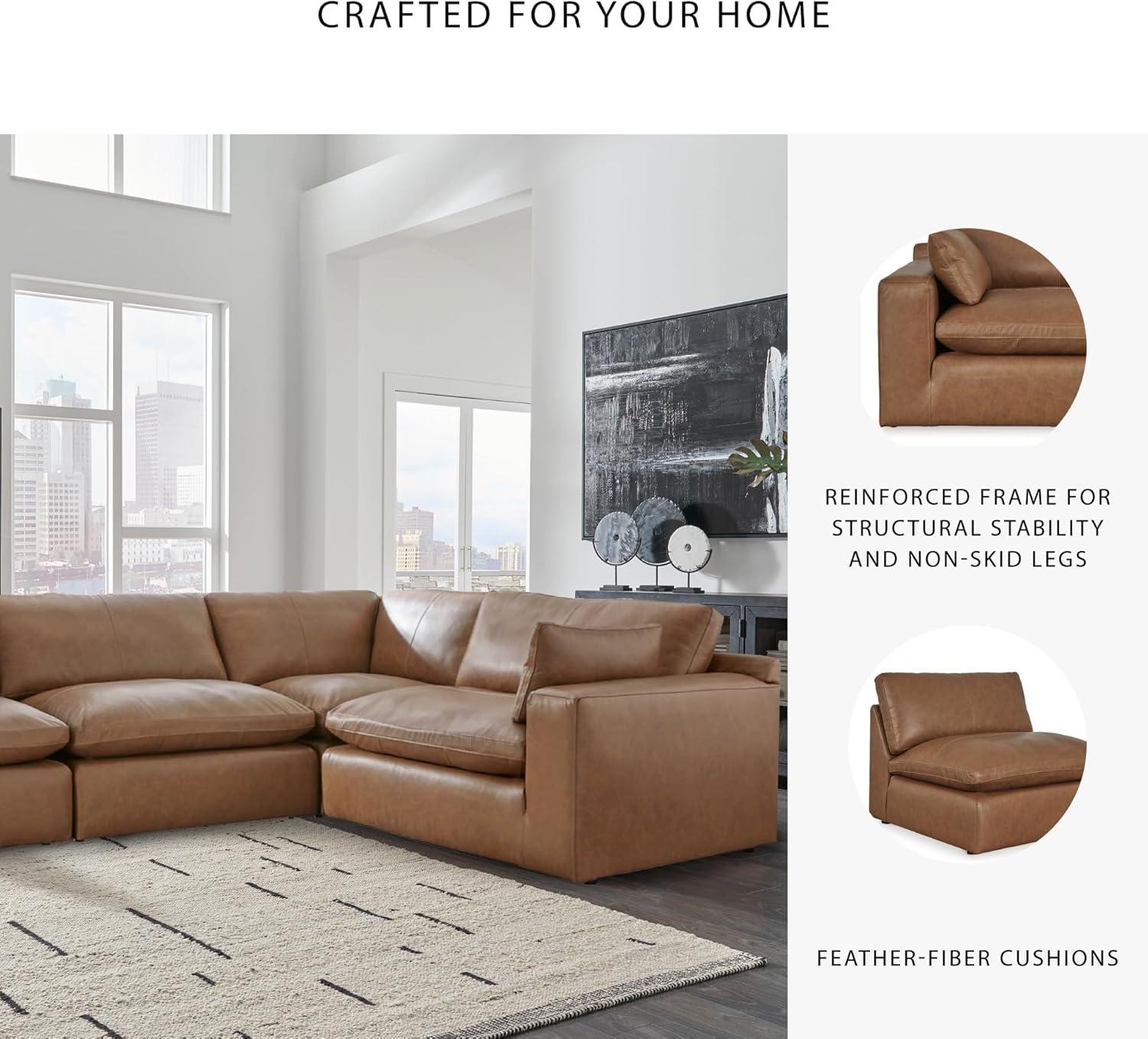 imageSignature Design by Ashley Emilia Modern Modular Leather Match 5Piece Sectional with Loose Back Cushions and 2 Bolster Pillows Light BrownCaramel