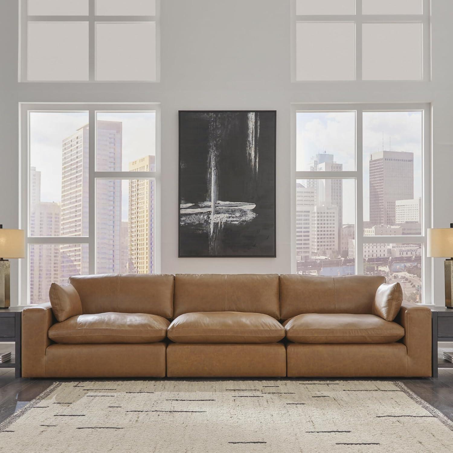 imageSignature Design by Ashley Emilia Modern Modular Leather Match 5Piece Sectional with Loose Back Cushions and 2 Bolster Pillows Light BrownCaramel