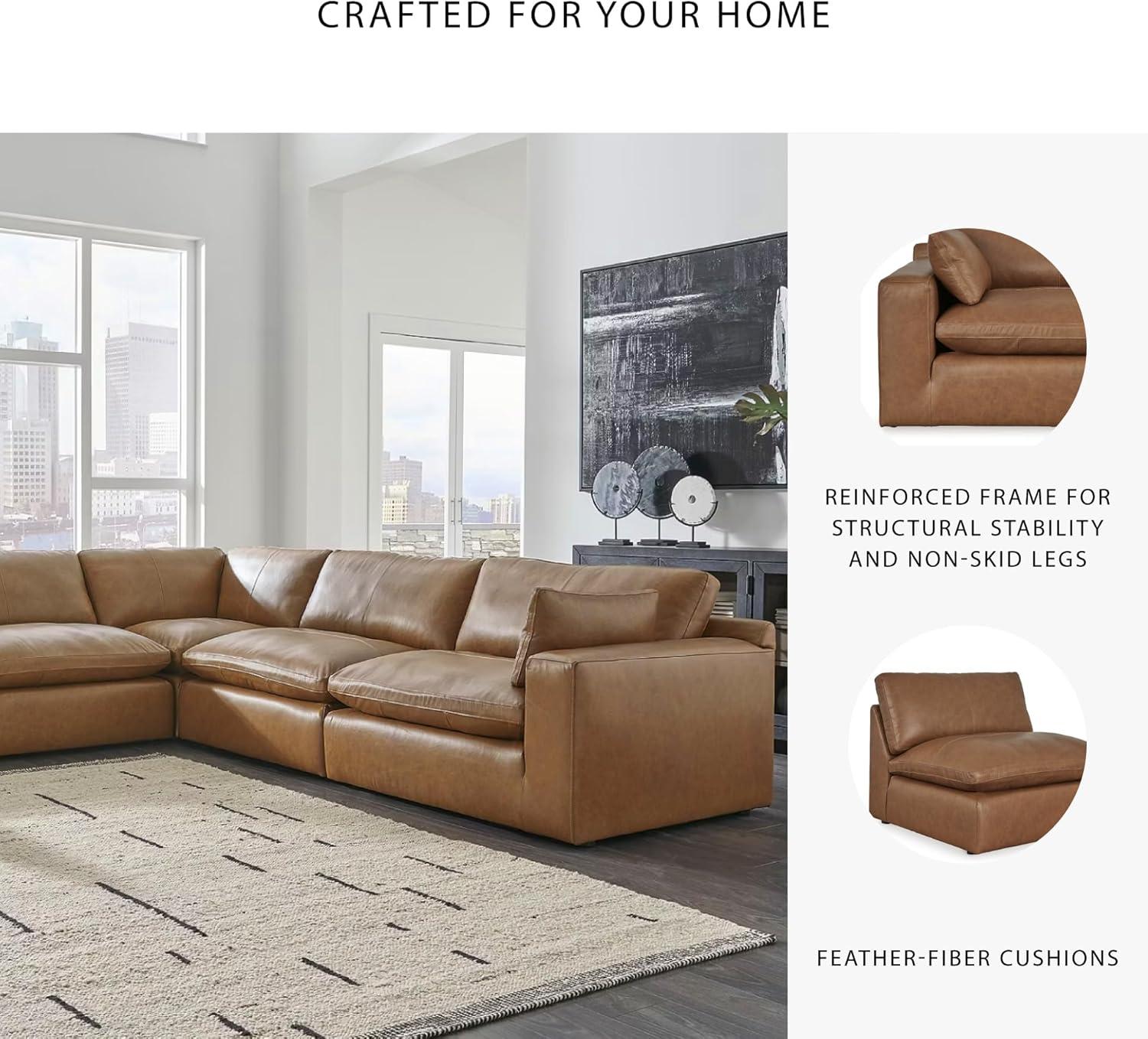 imageSignature Design by Ashley Emilia Modern Modular Leather Match 5Piece Sectional with Loose Back Cushions and 2 Bolster Pillows Light BrownCaramel