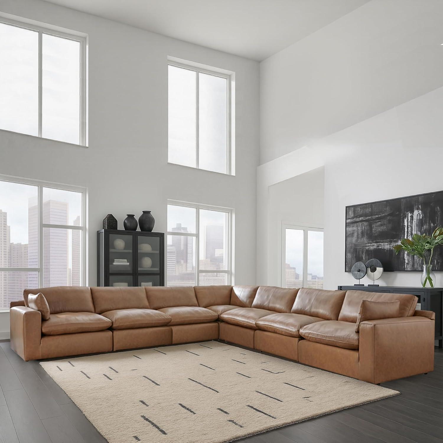 imageSignature Design by Ashley Emilia Modern Modular Leather Match 5Piece Sectional with Loose Back Cushions and 2 Bolster Pillows Light BrownCaramel