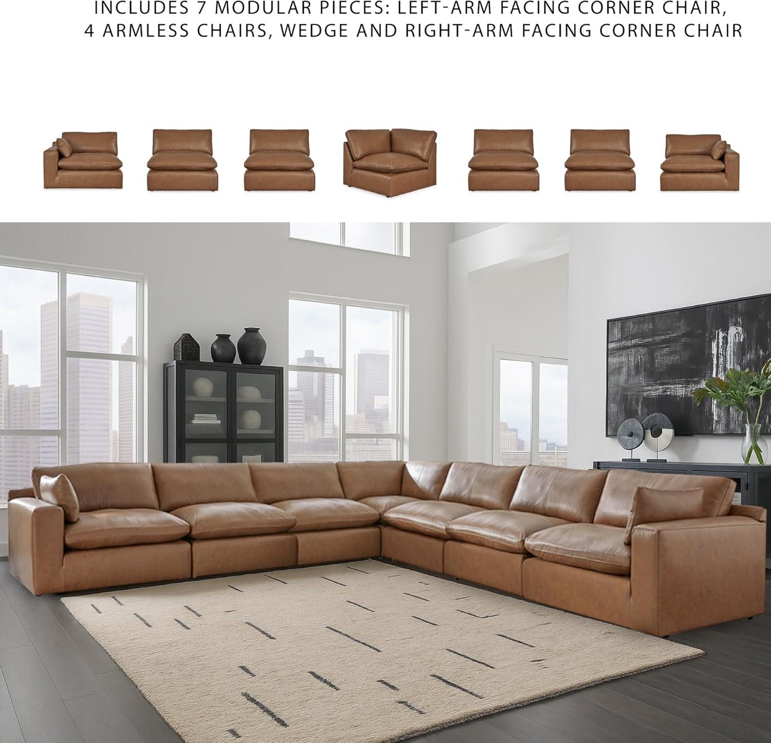 imageSignature Design by Ashley Emilia Modern Modular Leather Match 5Piece Sectional with Loose Back Cushions and 2 Bolster Pillows Light BrownCaramel