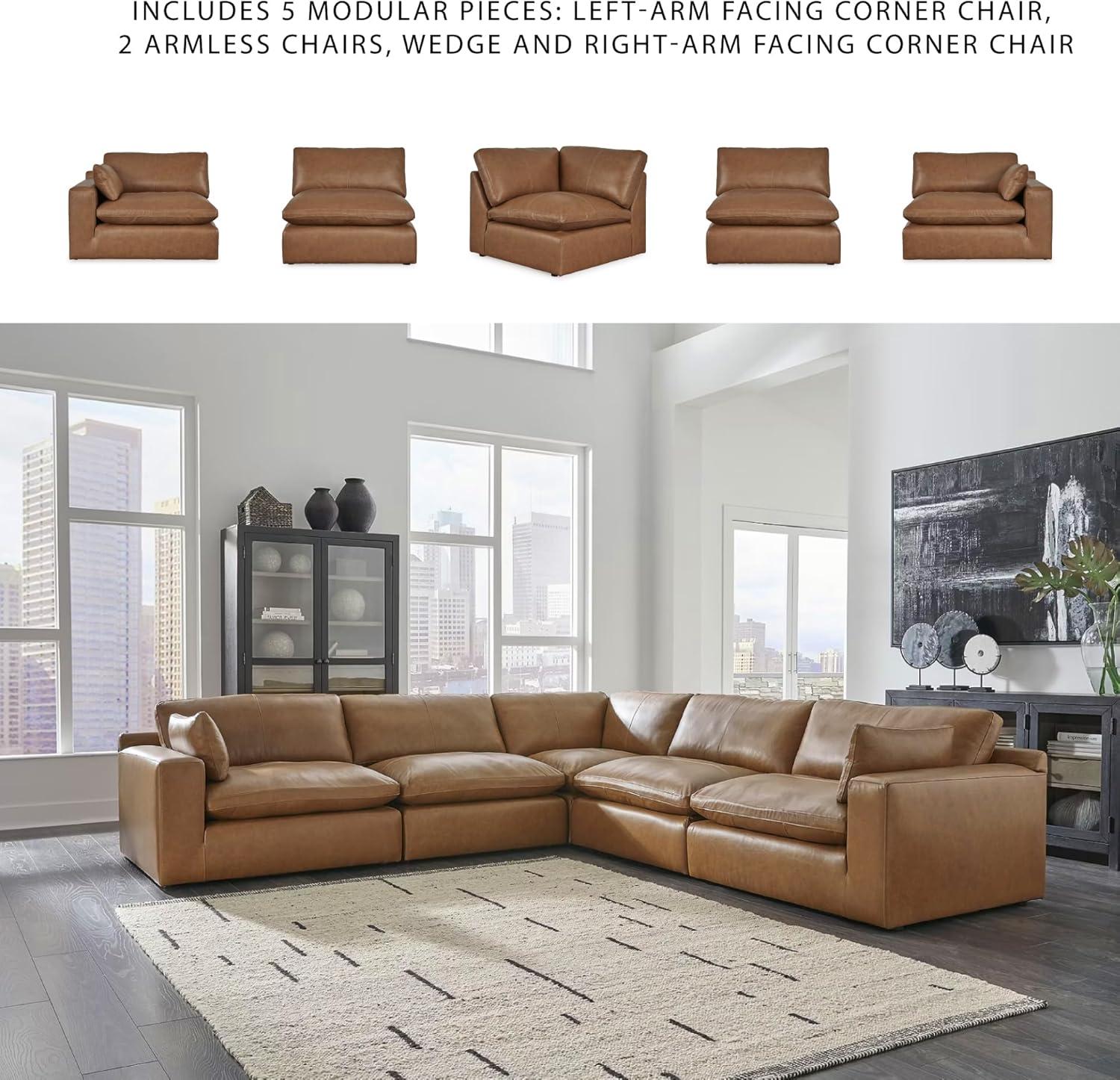 imageSignature Design by Ashley Emilia Modern Modular Leather Match 5Piece Sectional with Loose Back Cushions and 2 Bolster Pillows Light BrownCaramel