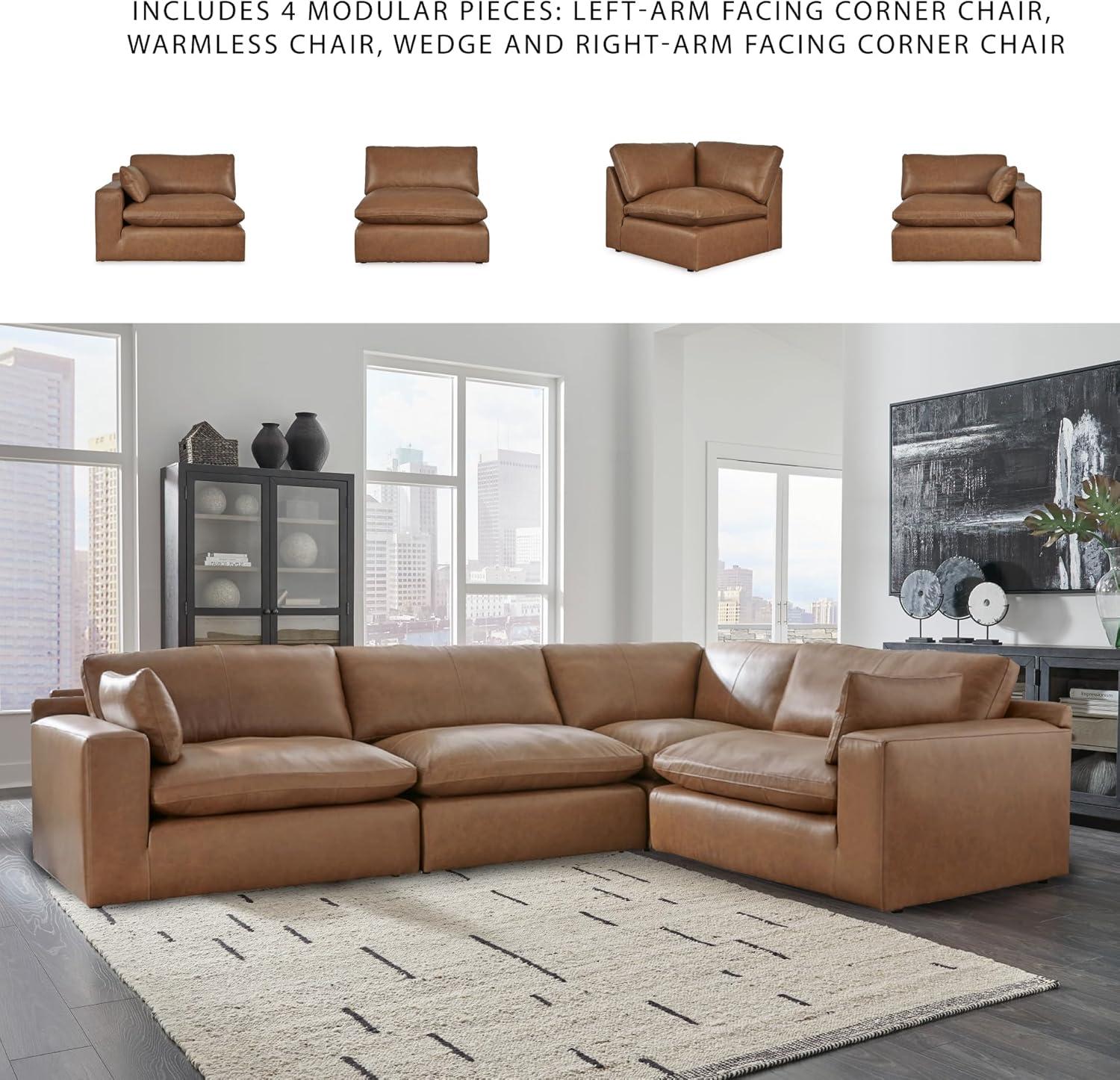 imageSignature Design by Ashley Emilia Modern Modular Leather Match 5Piece Sectional with Loose Back Cushions and 2 Bolster Pillows Light BrownCaramel