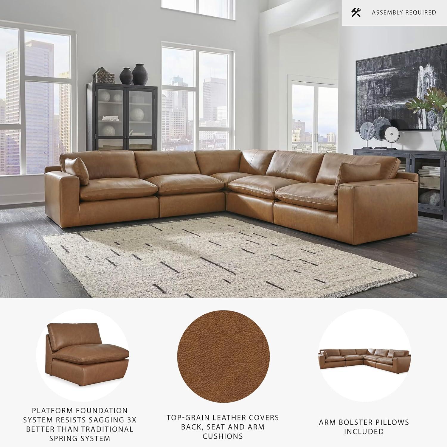 imageSignature Design by Ashley Emilia Modern Modular Leather Match 5Piece Sectional with Loose Back Cushions and 2 Bolster Pillows Light BrownCaramel