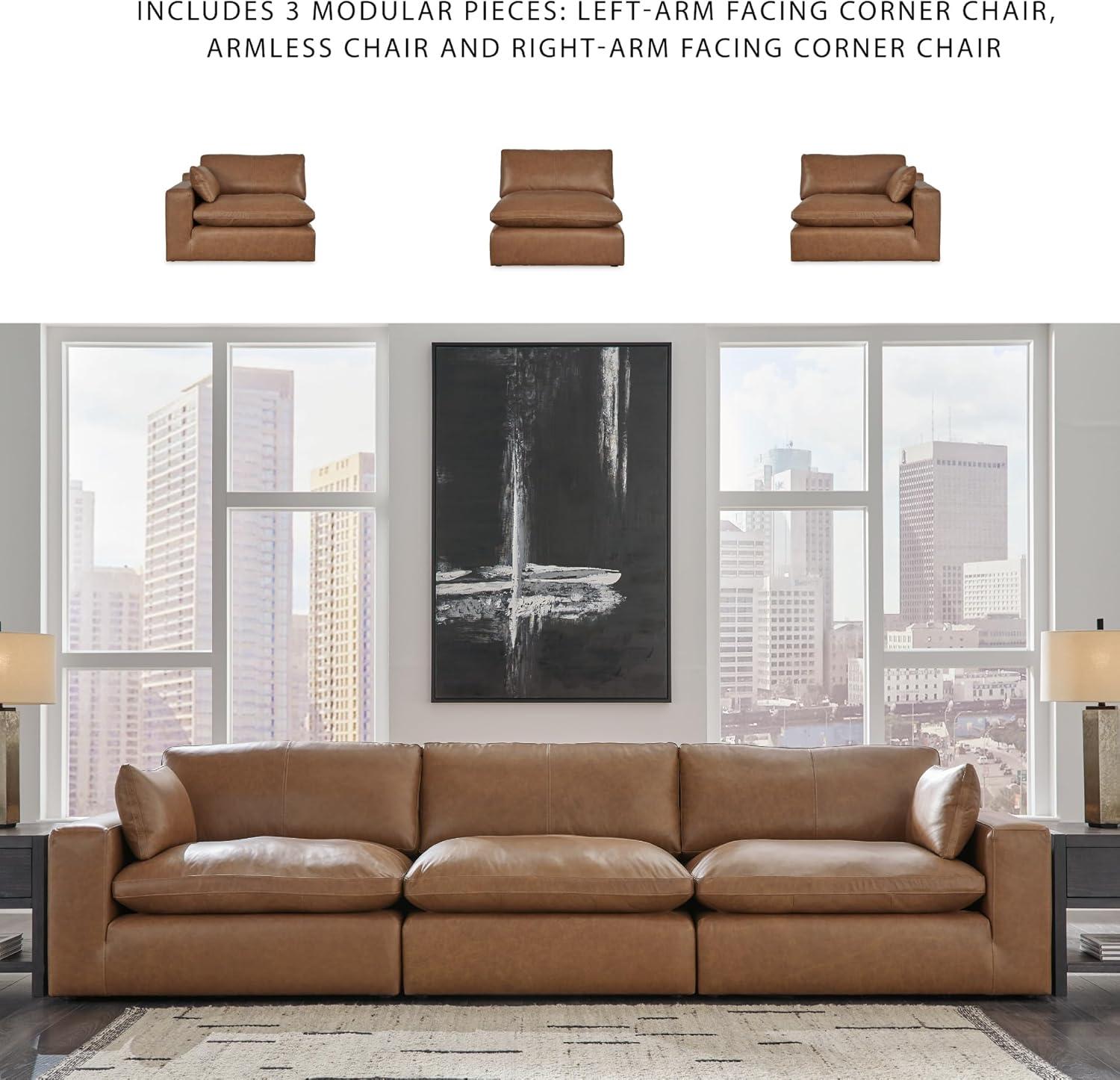 imageSignature Design by Ashley Emilia Modern Modular Leather Match 5Piece Sectional with Loose Back Cushions and 2 Bolster Pillows Light BrownCaramel