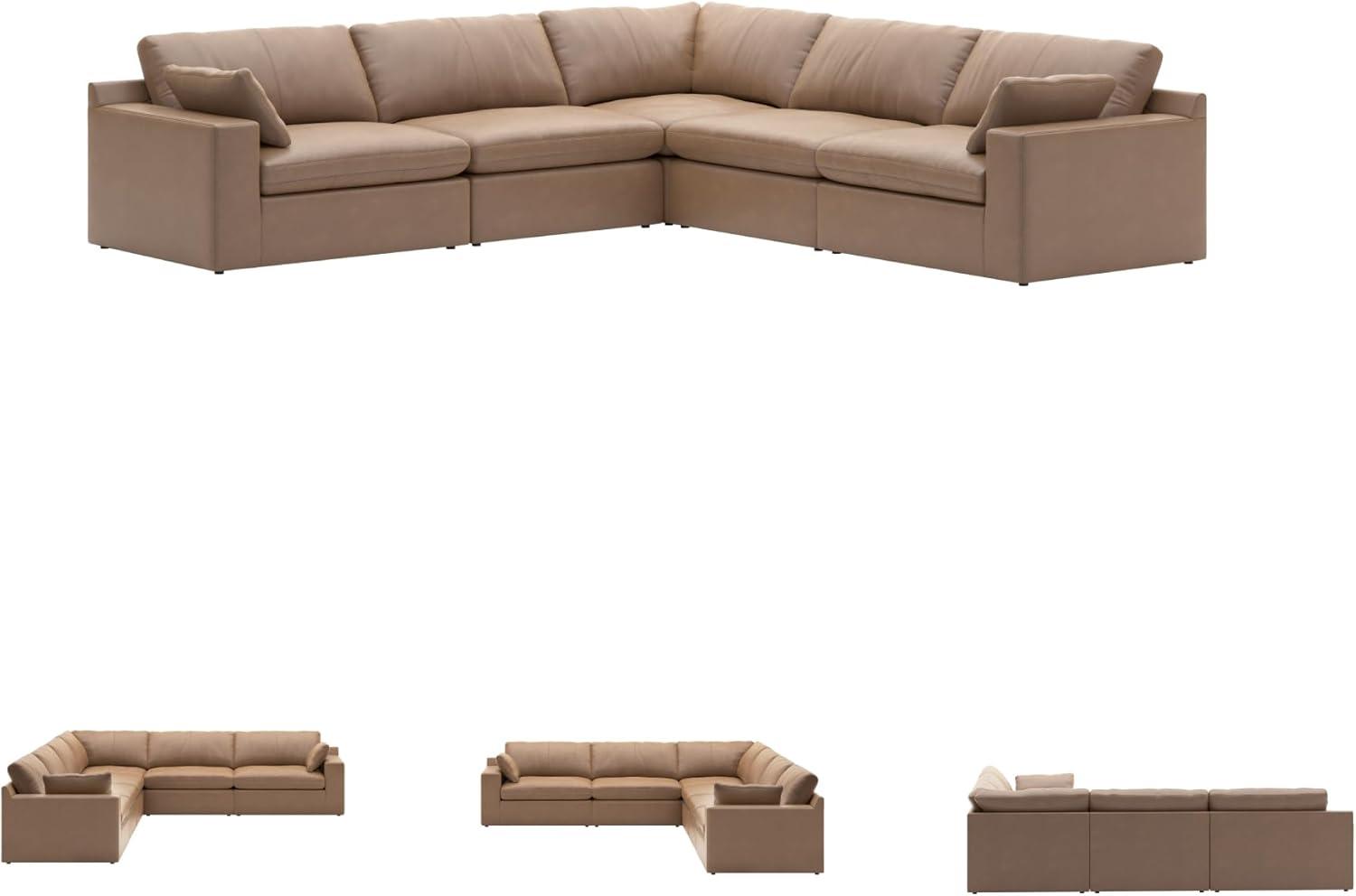 imageSignature Design by Ashley Emilia Modern Modular Leather Match 5Piece Sectional with Loose Back Cushions and 2 Bolster Pillows Light BrownCaramel