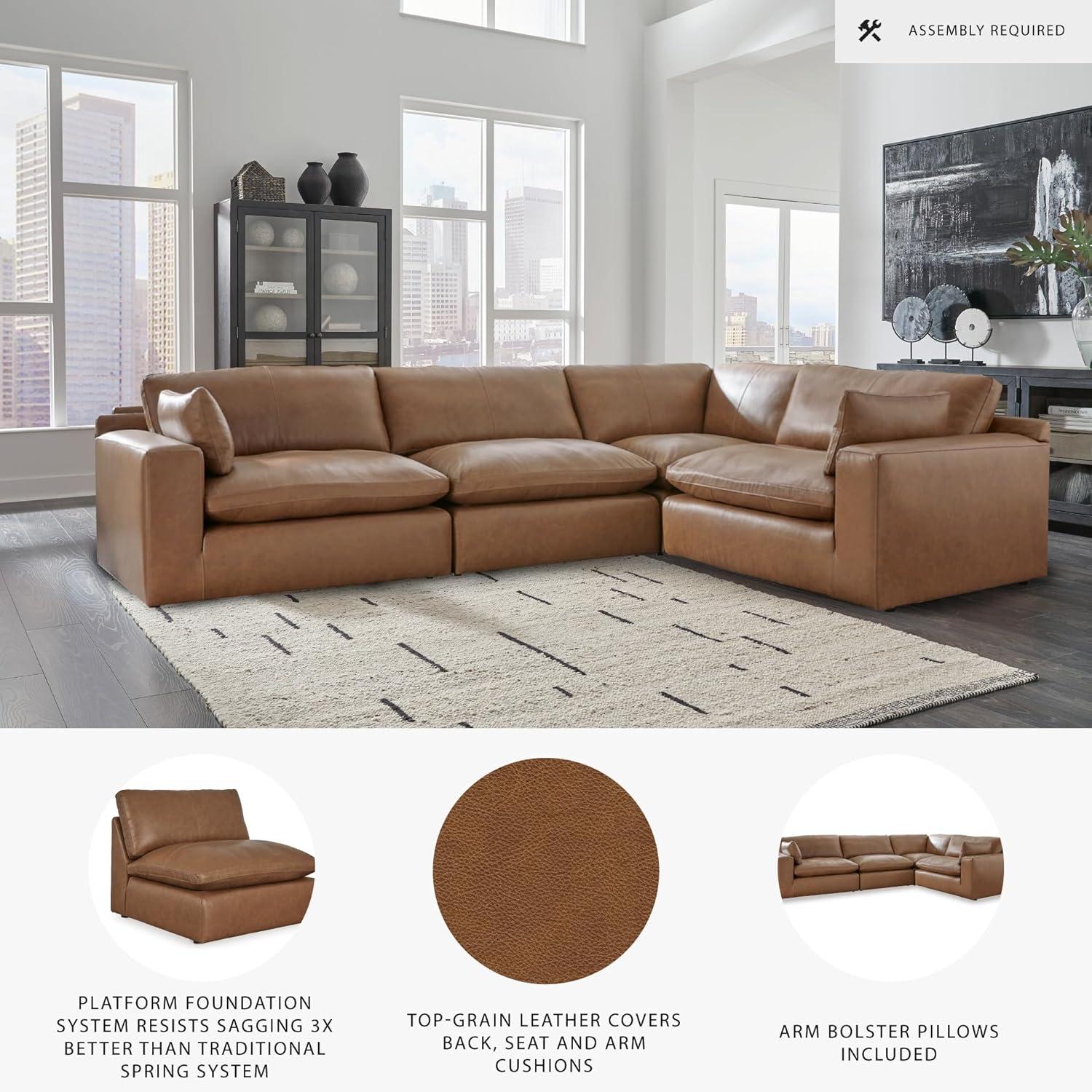 imageSignature Design by Ashley Emilia Modern Modular Leather Match 5Piece Sectional with Loose Back Cushions and 2 Bolster Pillows Light BrownCaramel