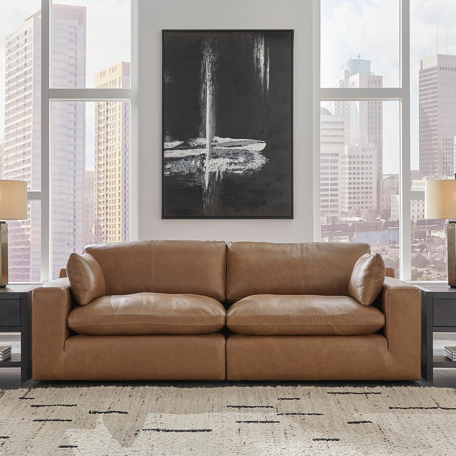 imageSignature Design by Ashley Emilia Modern Modular Leather Match 5Piece Sectional with Loose Back Cushions and 2 Bolster Pillows Light BrownCaramel