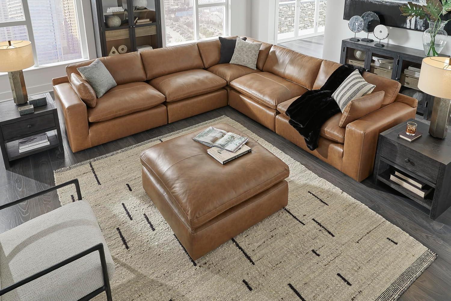 imageSignature Design by Ashley Emilia Modern Modular Leather Match 5Piece Sectional with Loose Back Cushions and 2 Bolster Pillows Light BrownCaramel