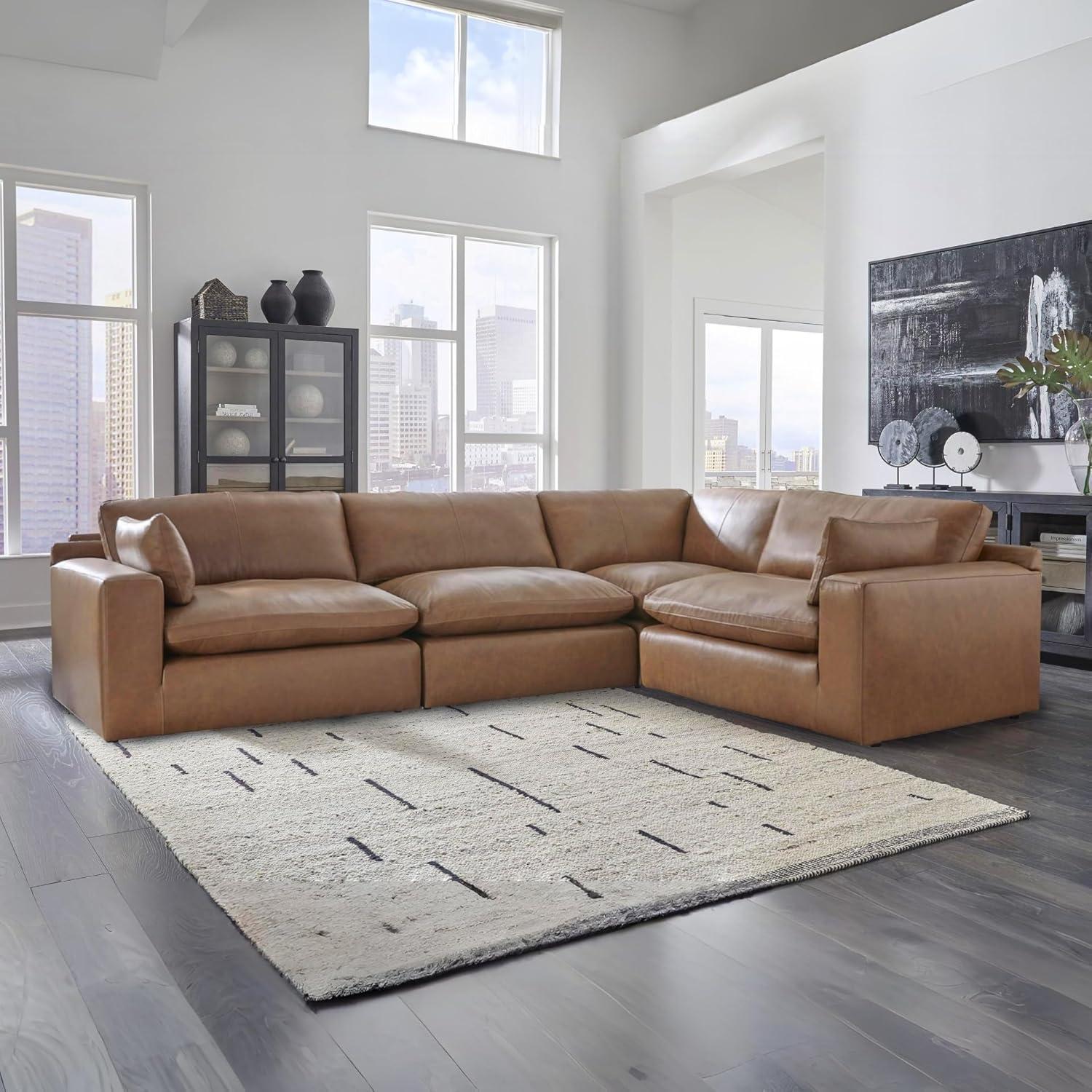 imageSignature Design by Ashley Emilia Modern Modular Leather Match 5Piece Sectional with Loose Back Cushions and 2 Bolster Pillows Light BrownCaramel