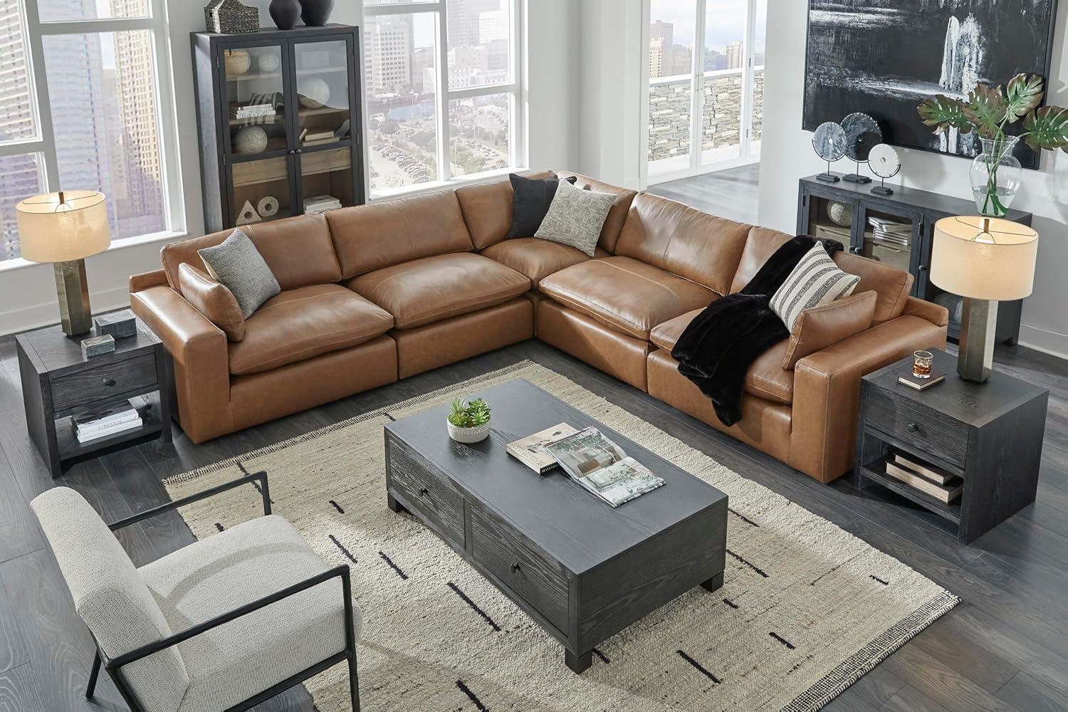 imageSignature Design by Ashley Emilia Modern Modular Leather Match 5Piece Sectional with Loose Back Cushions and 2 Bolster Pillows Light BrownCaramel