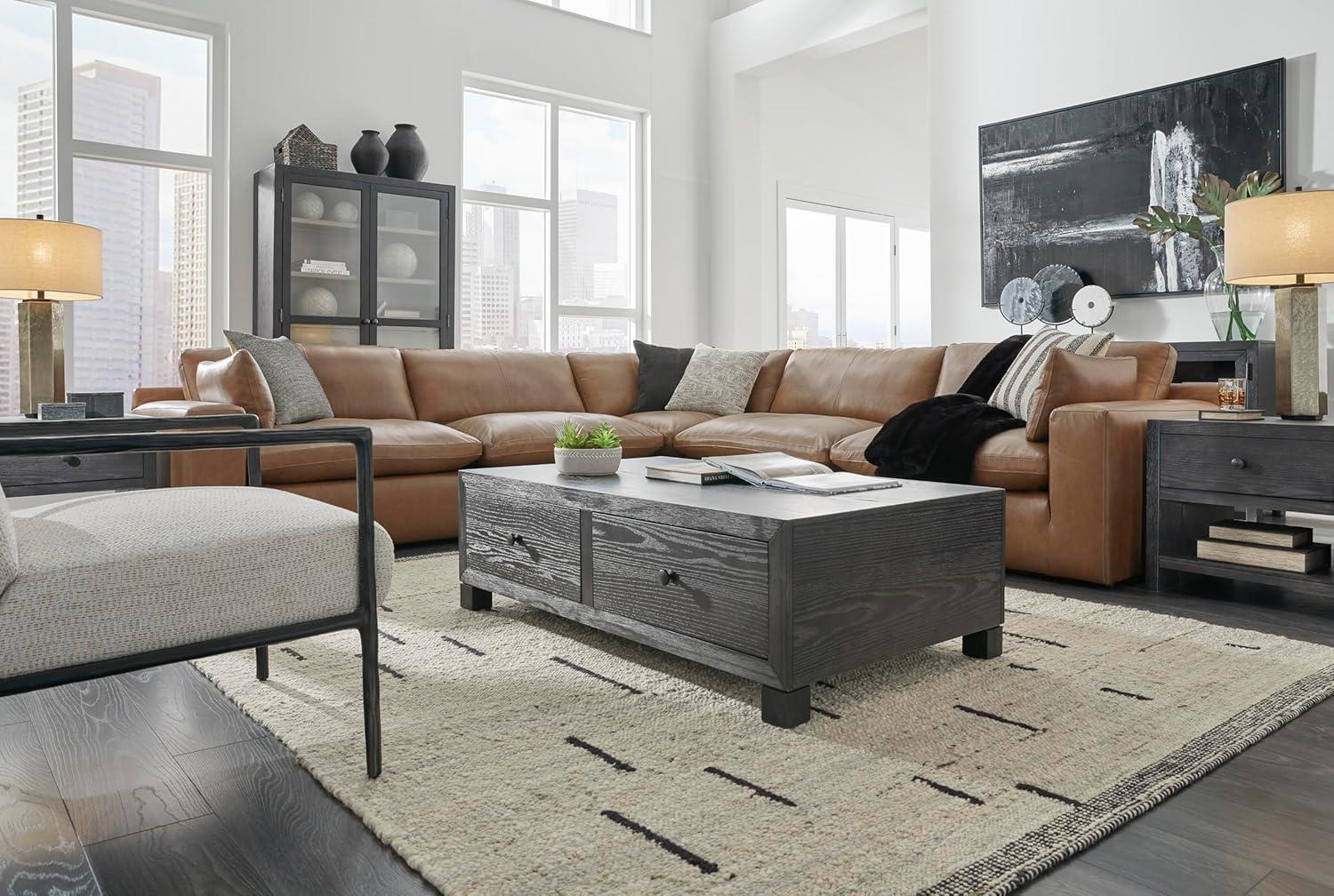 imageSignature Design by Ashley Emilia Modern Modular Leather Match 5Piece Sectional with Loose Back Cushions and 2 Bolster Pillows Light BrownCaramel